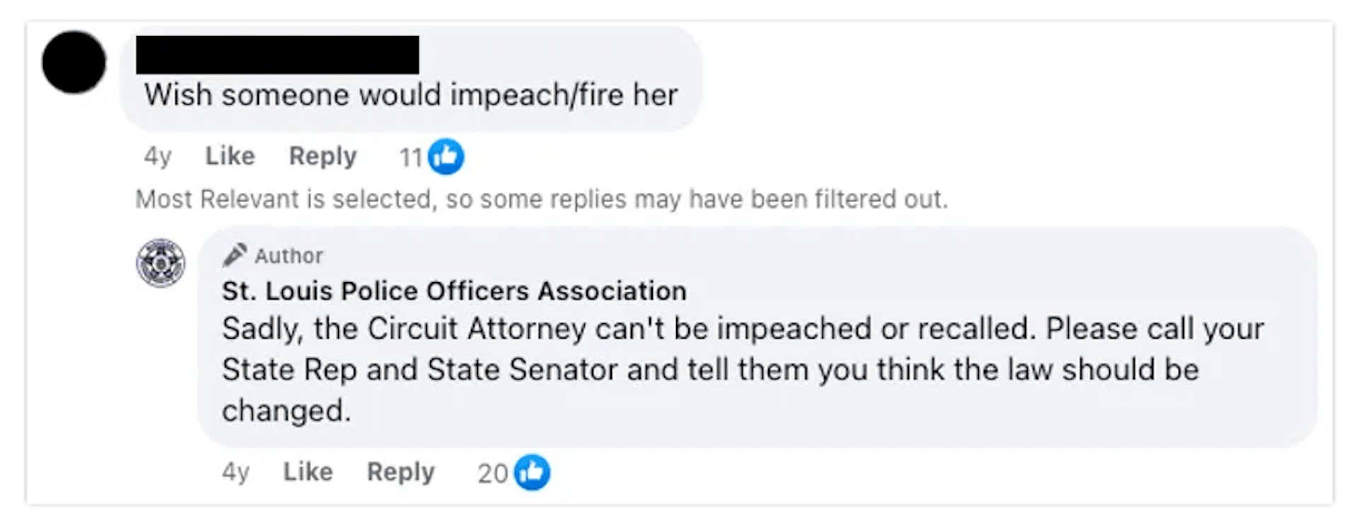 In this 2019 Facebook post, the St. Louis Police Officers Association encourages a commenter to advocate for the removal of St. Louis Circuit Attorney Kim Gardner. Credit: Via Facebook. Redactions by ProPublica.