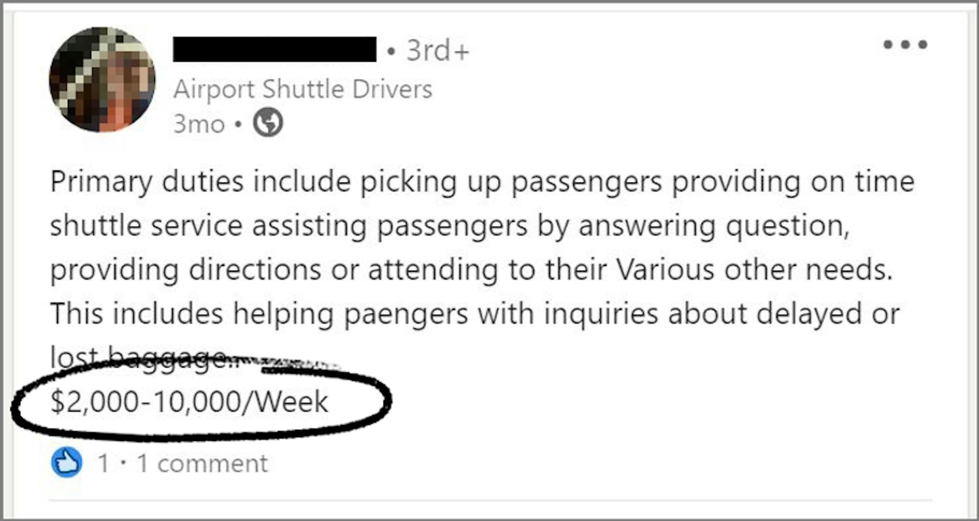 A fake job ad on LinkedIn that promises unusually high pay for shuttle-bus drivers