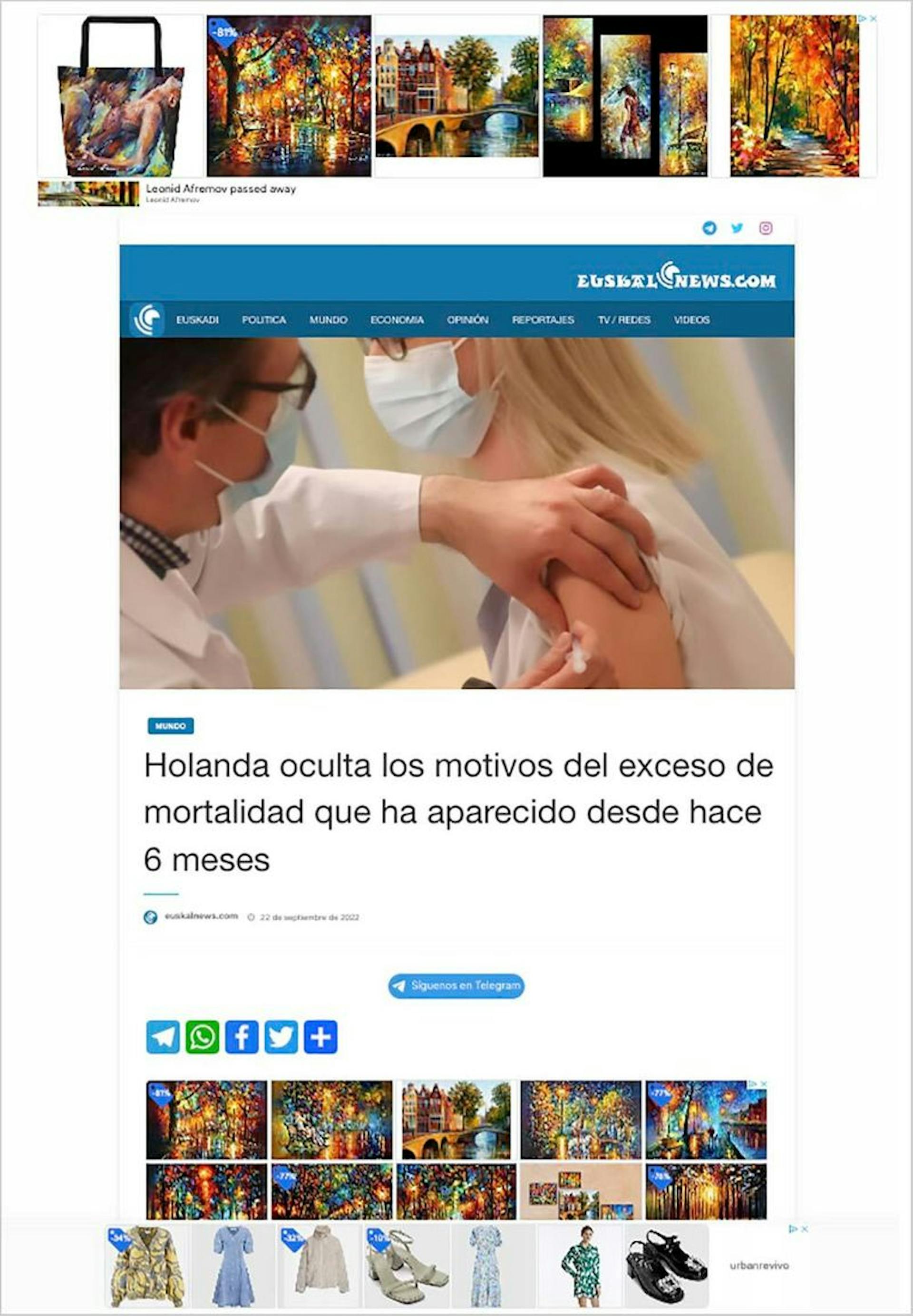 A EuskalNews story with Google ads that falsely linked excess death figures in the Netherlands to vaccines. Credit: ProPublica screenshot