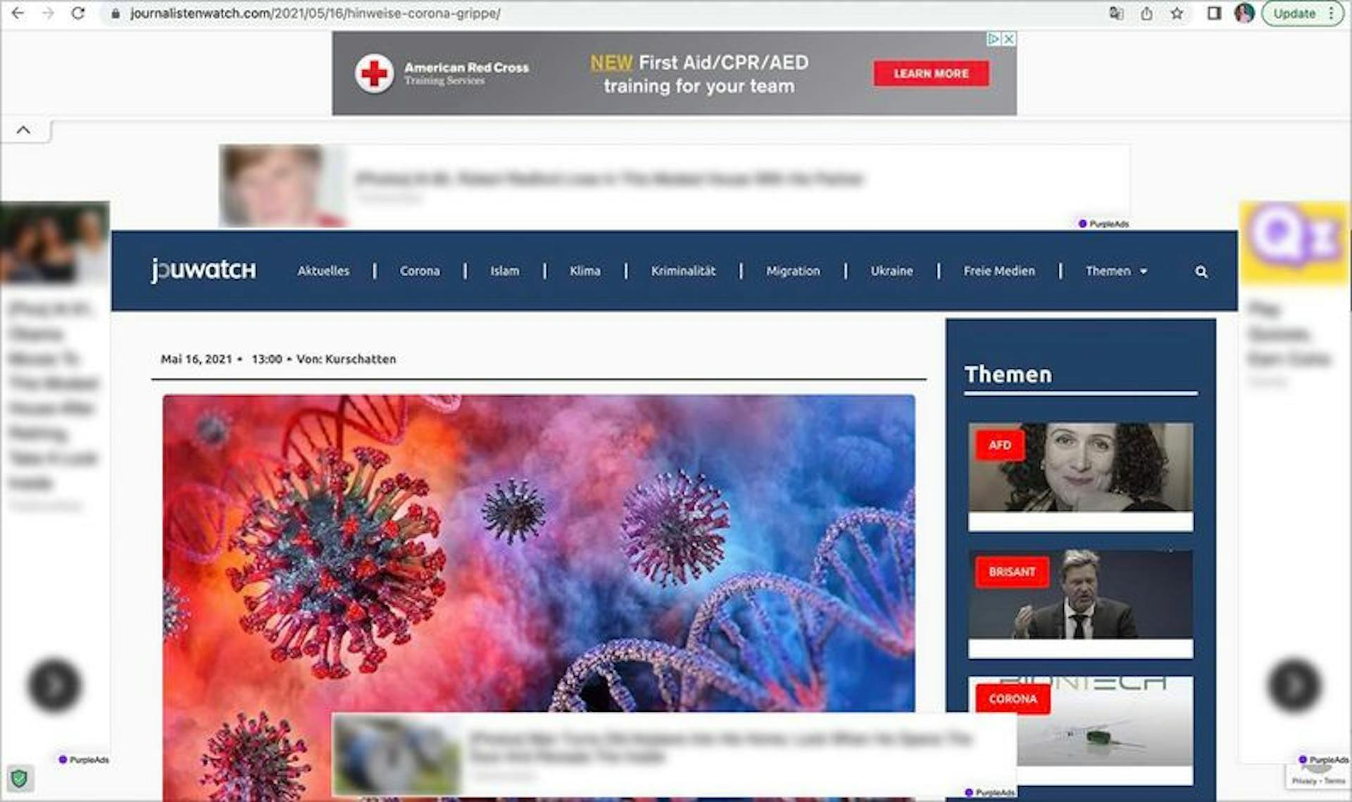 An ad for the American Red Cross was placed on a Journalistenwatch article that claimed COVID-19 was like the flu. Image has been blurred by ProPublica to conceal other ads on the page. Credit: ProPublica screenshot