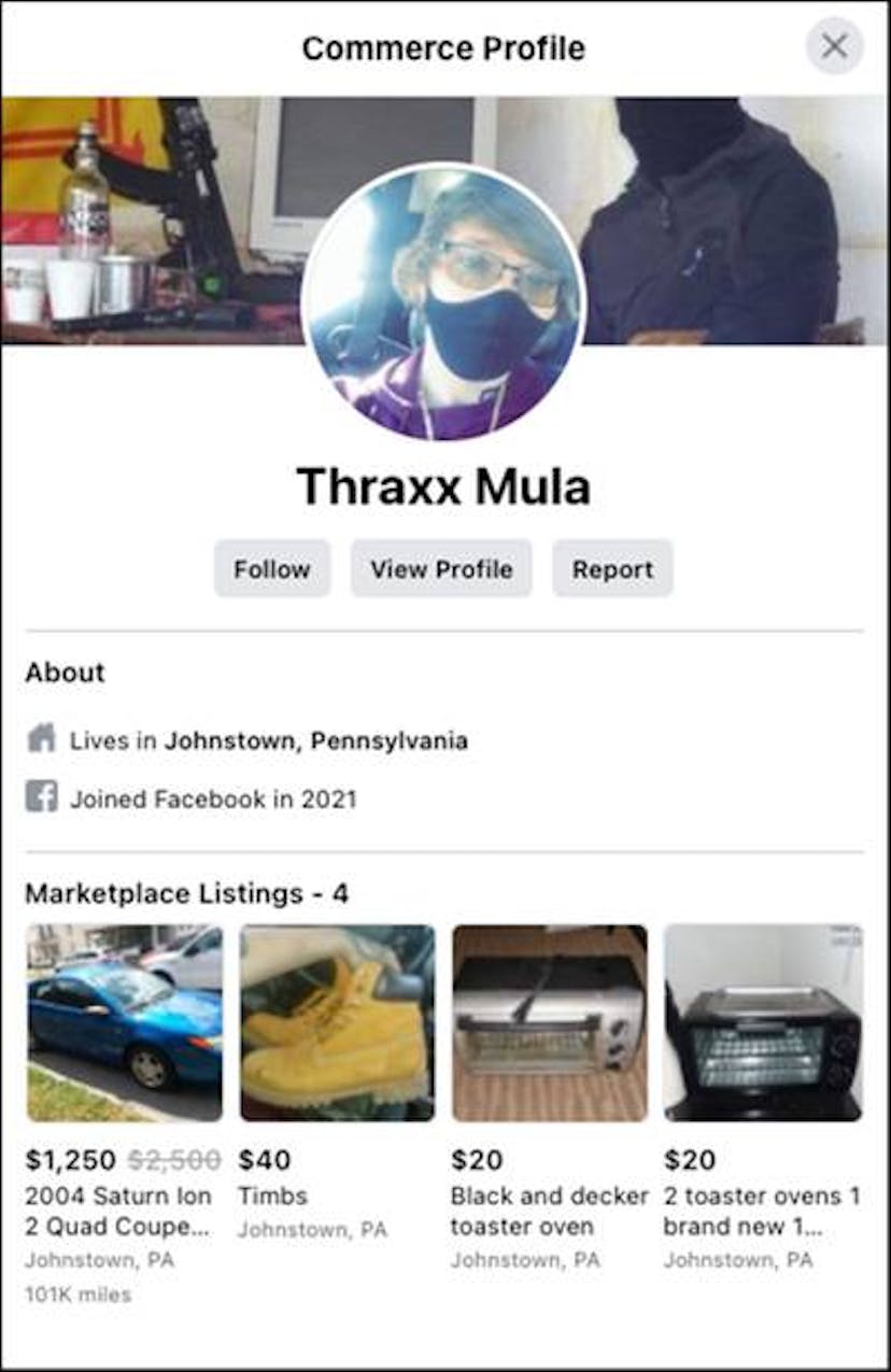 Joshua Gorgone’s Facebook Marketplace profile. Credit: Screengrab by ProPublica from Facebook