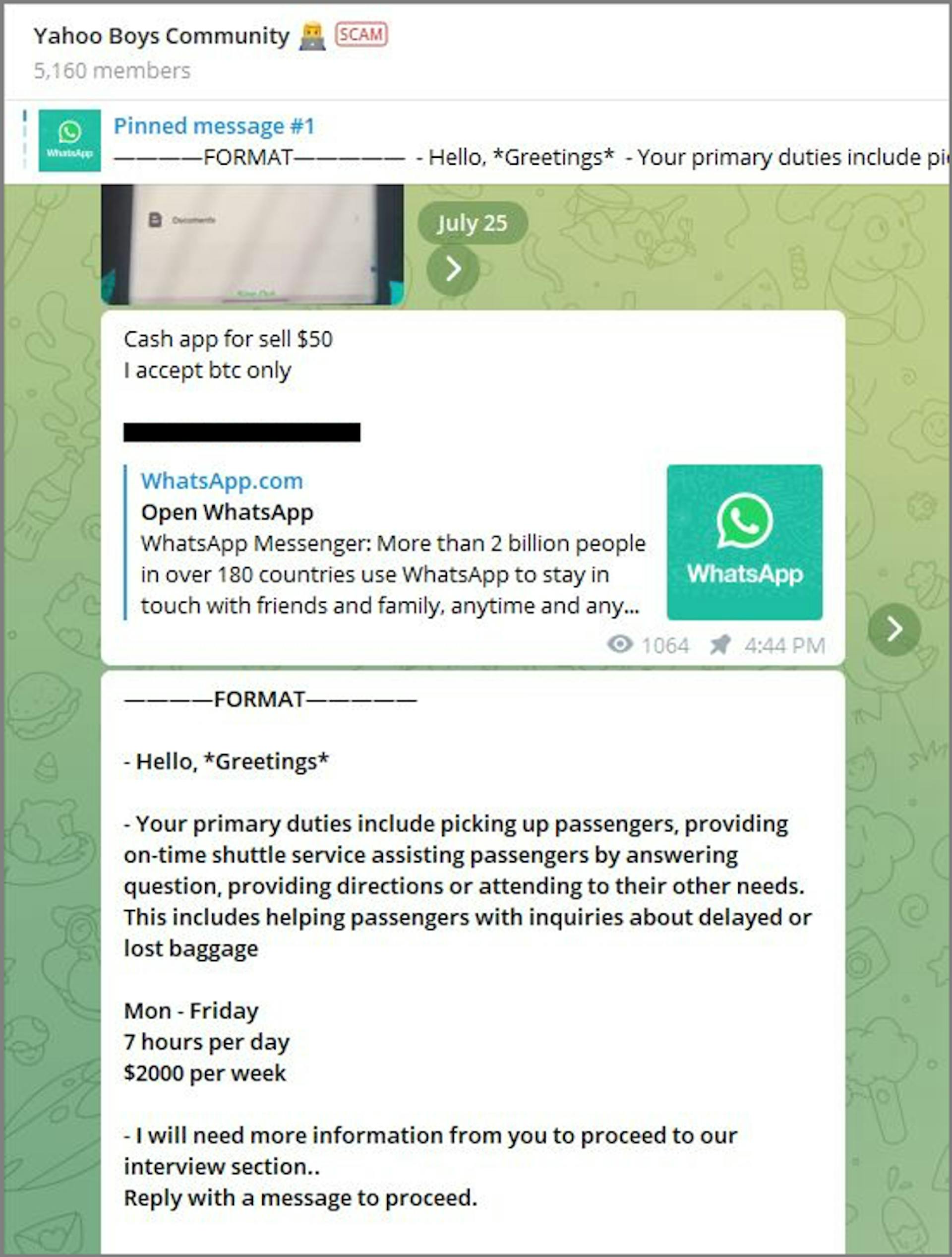 A post on the Yahoo Boys Community group on Telegram describes how to use an ad for airport shuttle drivers to glean applicants’ identity information.