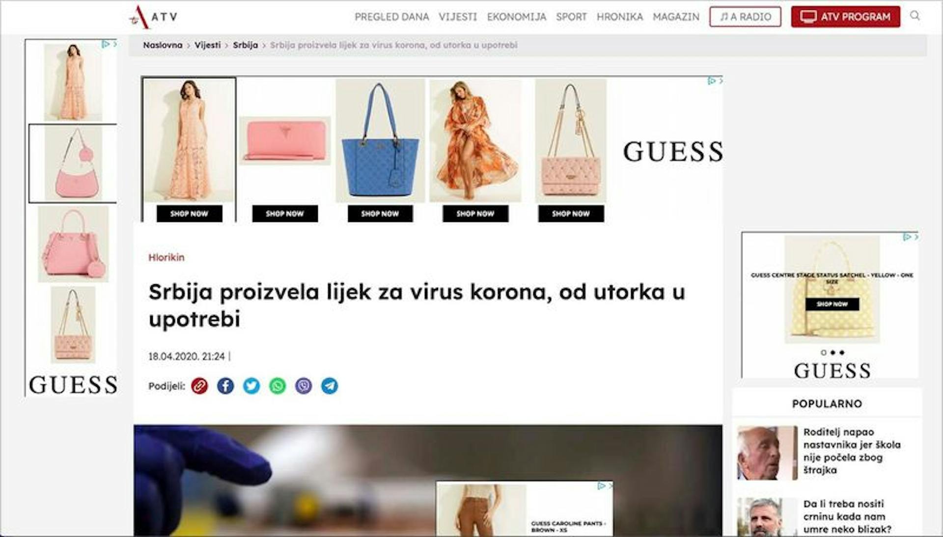 Ads for Guess appeared recently on an ATV article from 2020 that falsely claimed Serbia had a cure for COVID-19. Credit: ProPublica screenshot