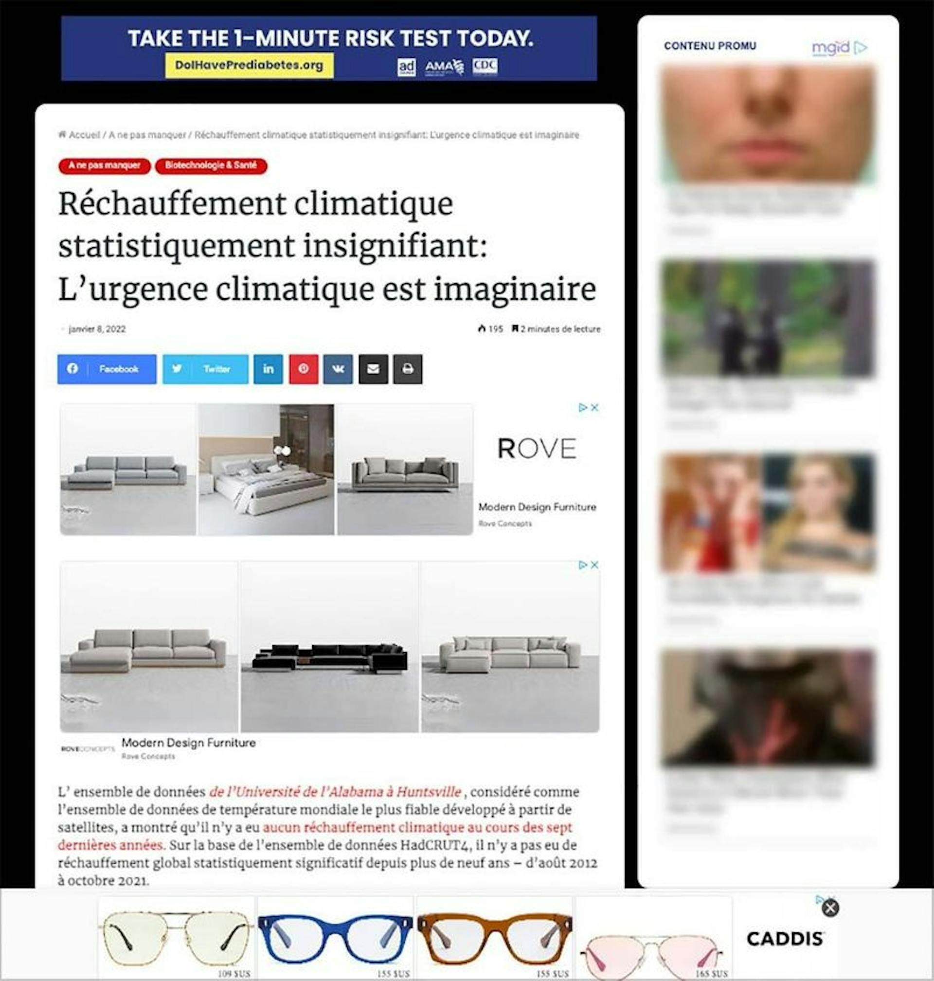 A story with false claims about climate change had ads for eyewear company Caddis and furniture maker Rove and a health PSA from the Centers for Disease Control and Prevention, the American Medical Association and the Ad Council, an ad industry association. Credit: ProPublica screenshot