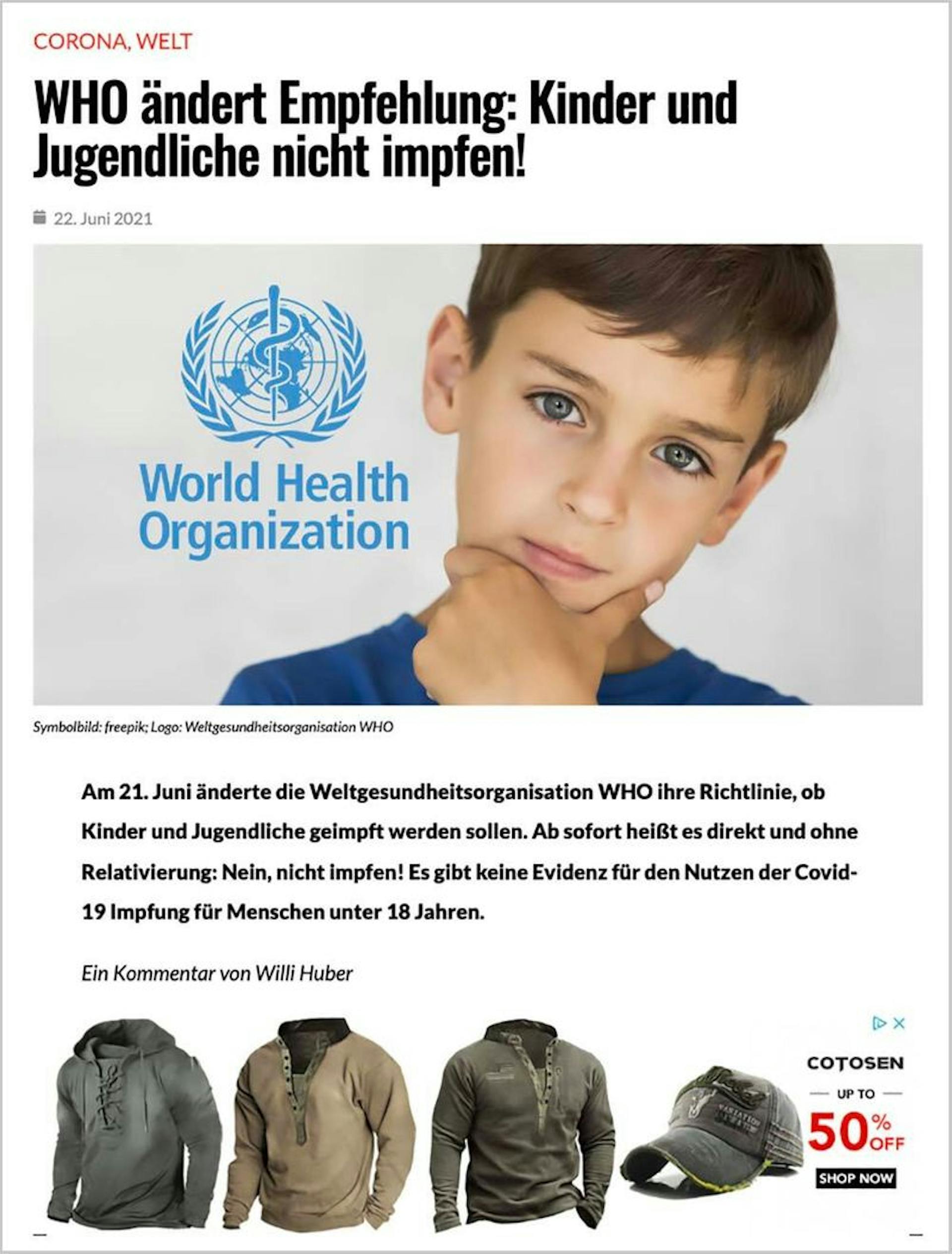 Google placed ads on a Report24 article that falsely claimed the World Health Organization warned against kids getting the COVID-19 vaccines. Credit: ProPublica screenshot