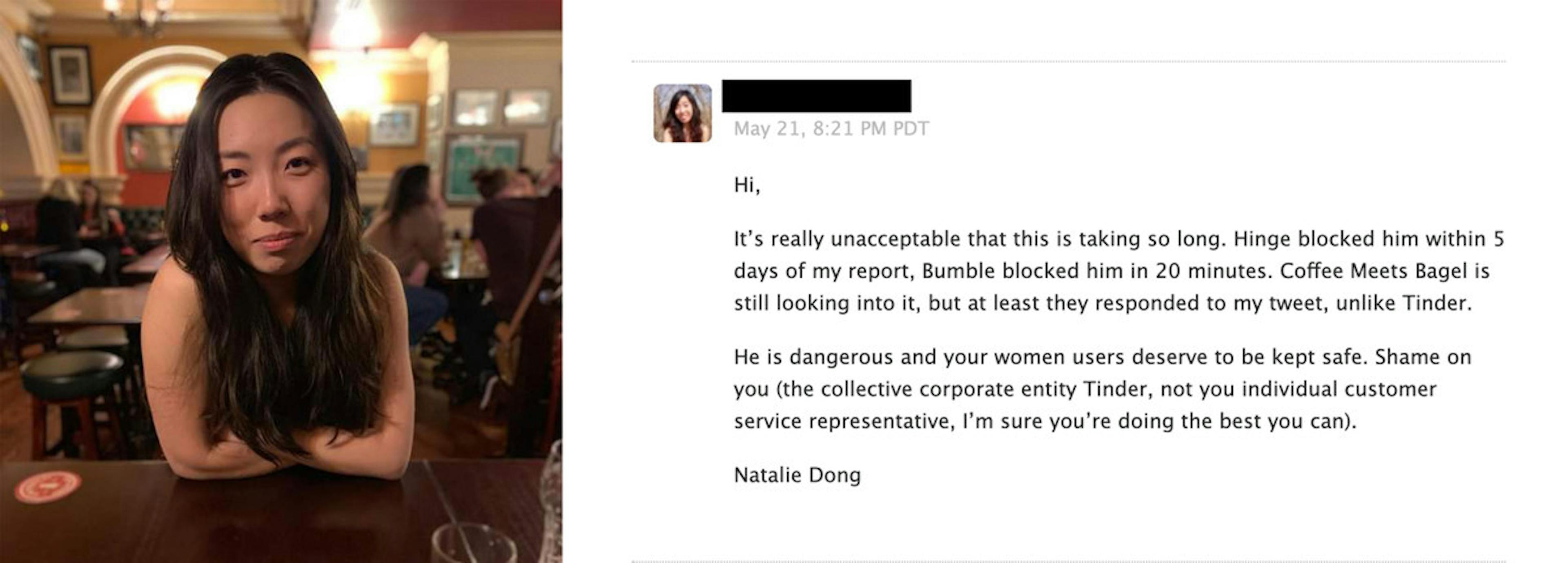 Cuando Natalie Dong se puso en contacto con Tinder, el proceso se prolongó durante semanas. Crédito: Cortesía de Natalie Dong