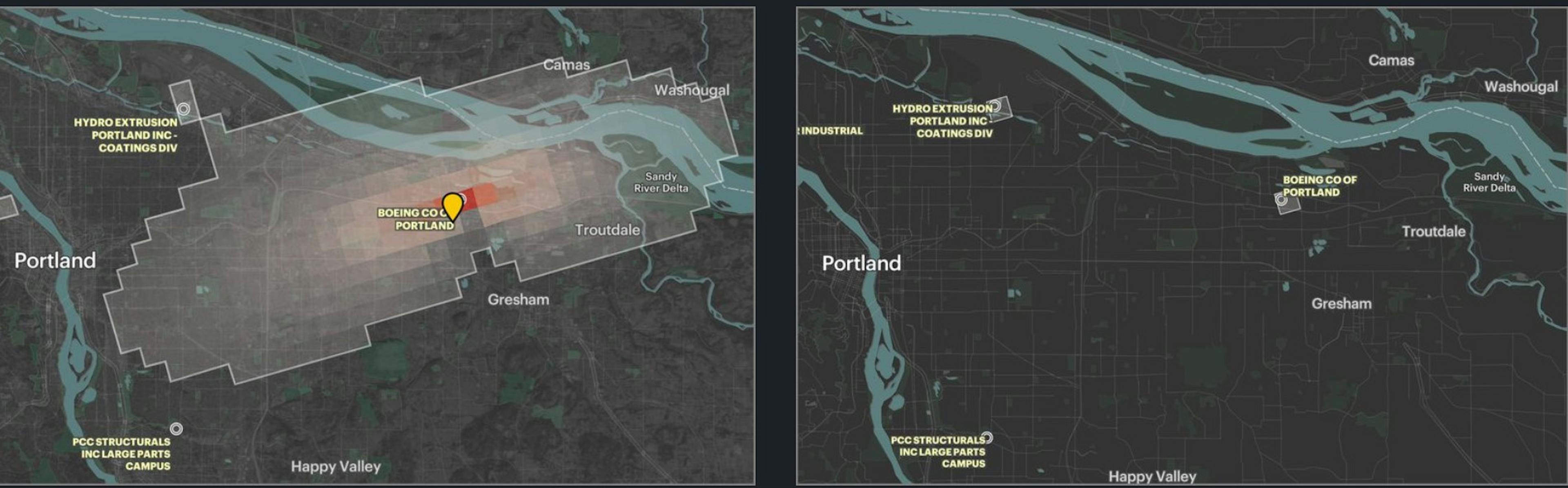 The image on the left shows the air pollution footprint from the Boeing Portland facility in ProPublica’s initial, unpublished analysis of industrial air pollution. The image on the right shows the analysis we published, after our fact check led Boeing to correct its data. Credit: Screenshots by ProPublica