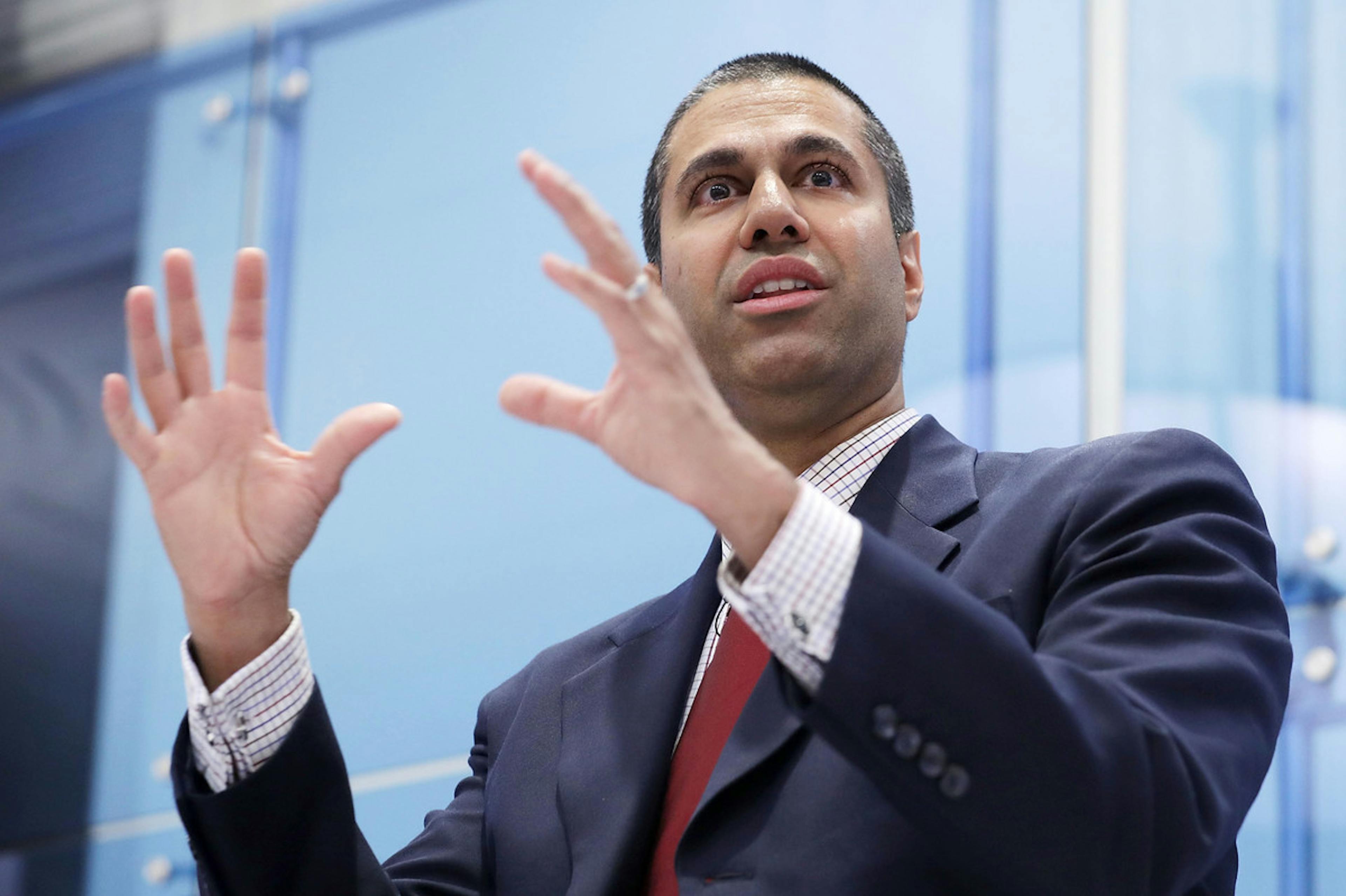 FCC Chairman Ajit Pai, shown in 2017, was an evangelist for 5G. He regularly cited a report proclaiming that the technology could create up to 3 million jobs, without noting that those figures came from a study commissioned by the wireless industry’s lobbying group. Credit: Chip Somodevilla/Getty Images