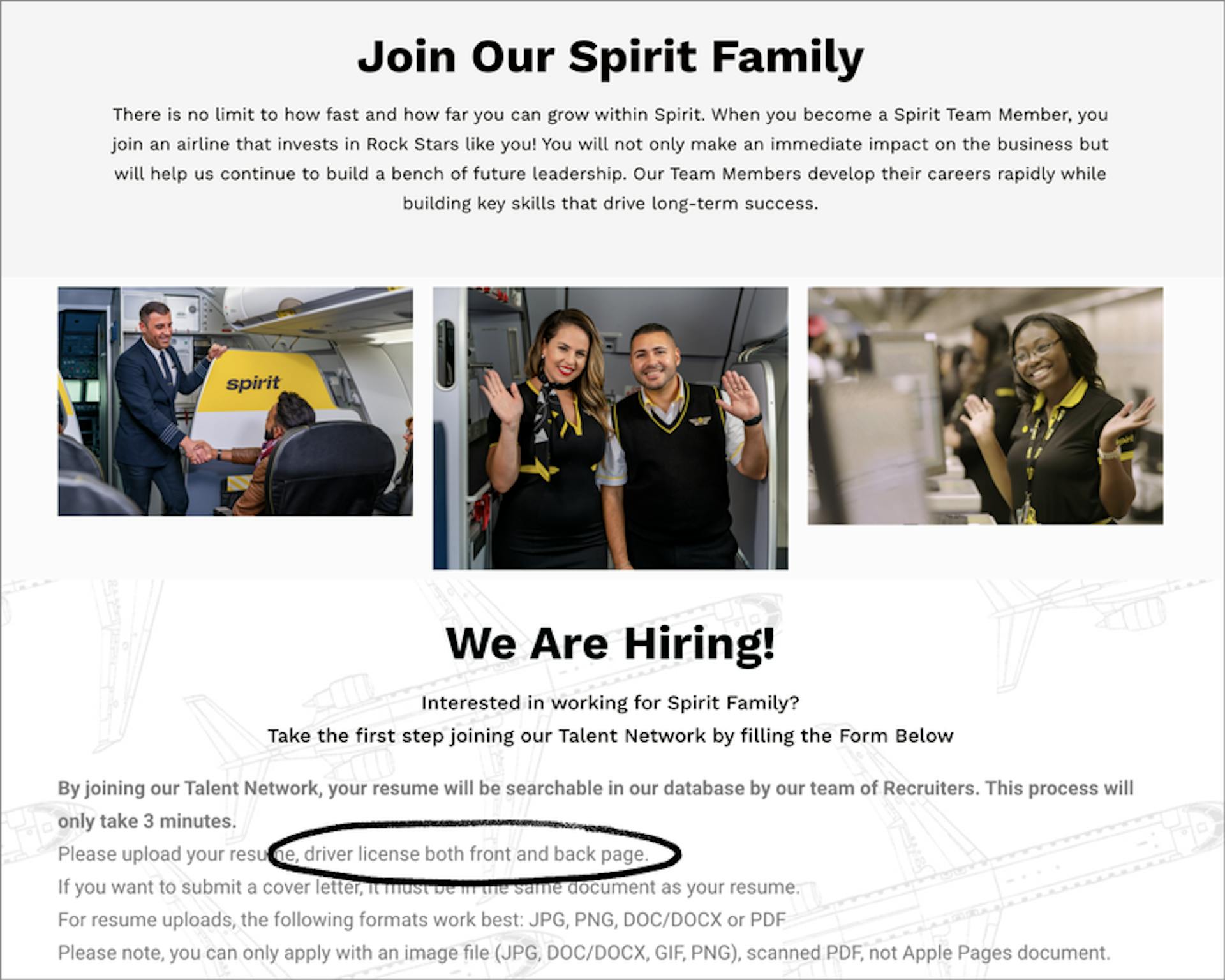 A fake careers website posing as Spirit Airlines asks applicants to upload their driver’s licenses to apply for a job.