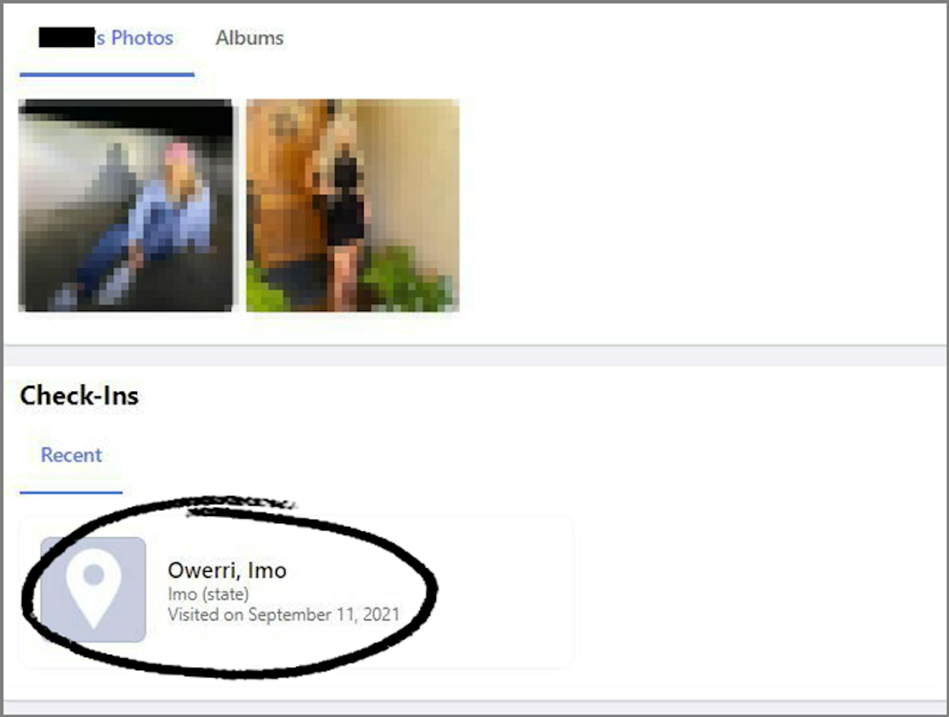 Screenshots from a fake Facebook profile that claimed to belong to a senior manager at Denver International Airport, but which showed a check-in in Owerri, Nigeria. (The ad was removed after an inquiry by ProPublica.)