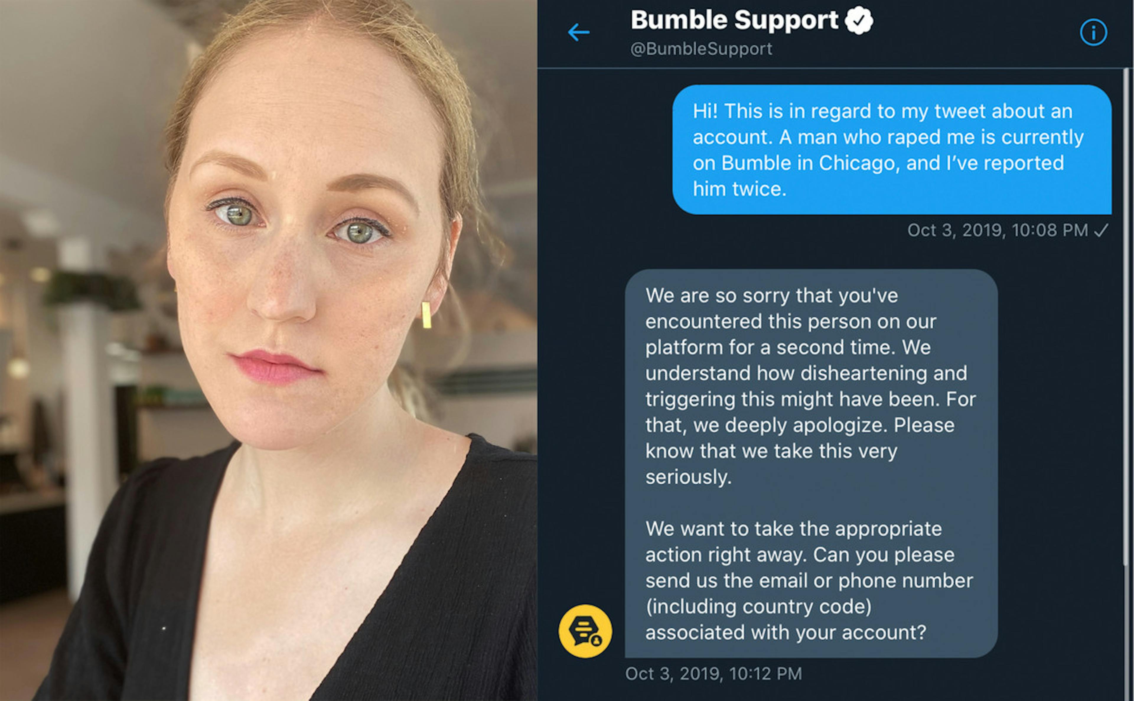 Tracy Lytwyn took to Twitter after seeing a man she had reported to Bumble reappear on the site. Credit: Courtesy of Tracy Lytwyn