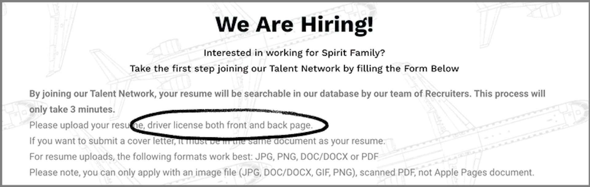 A phony website purporting to be the Spirit Airlines careers site asks for the applicant’s driver’s license as part of the initial application process
