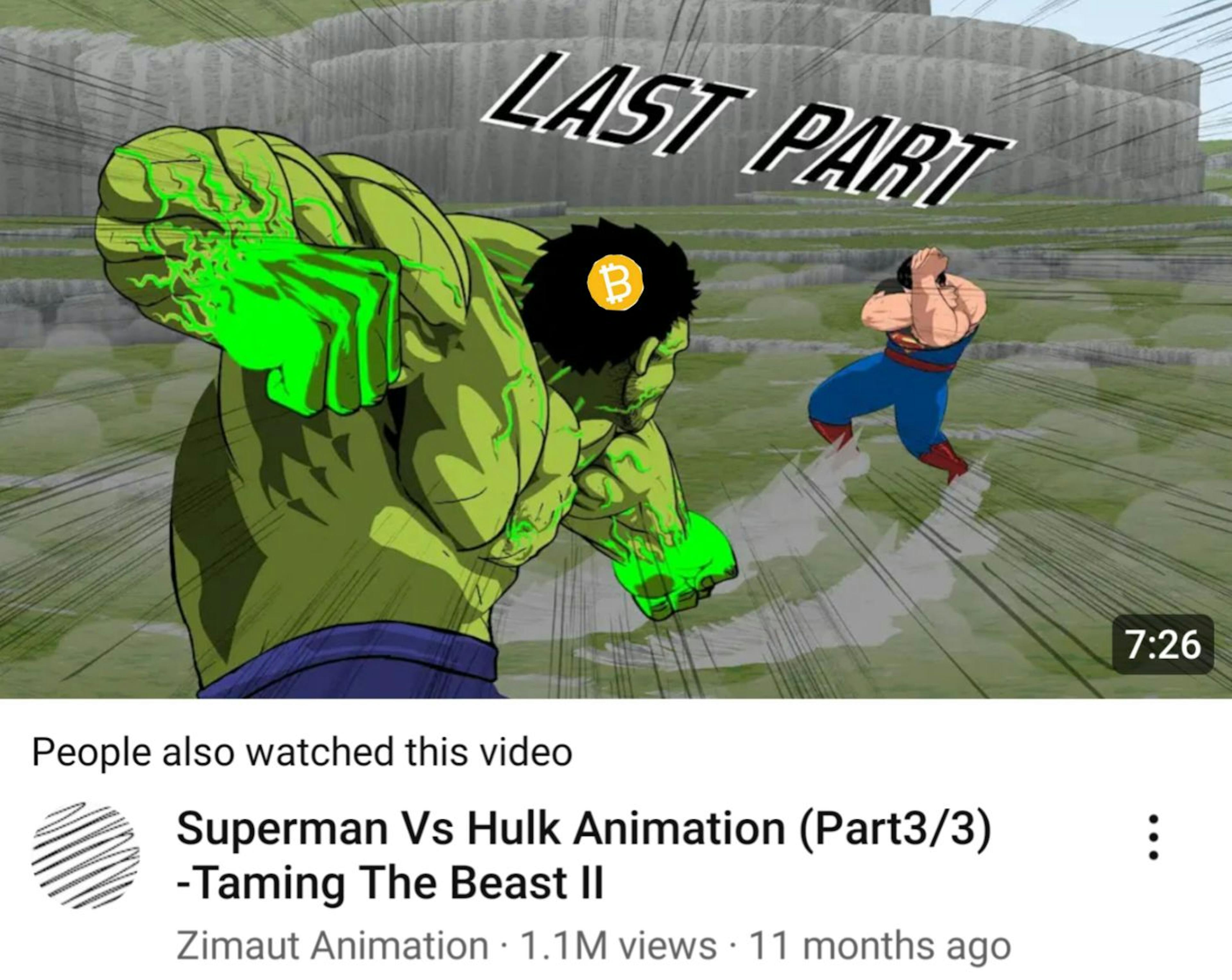 This animation tells a small lie. Superman would totally whoop Hulk.