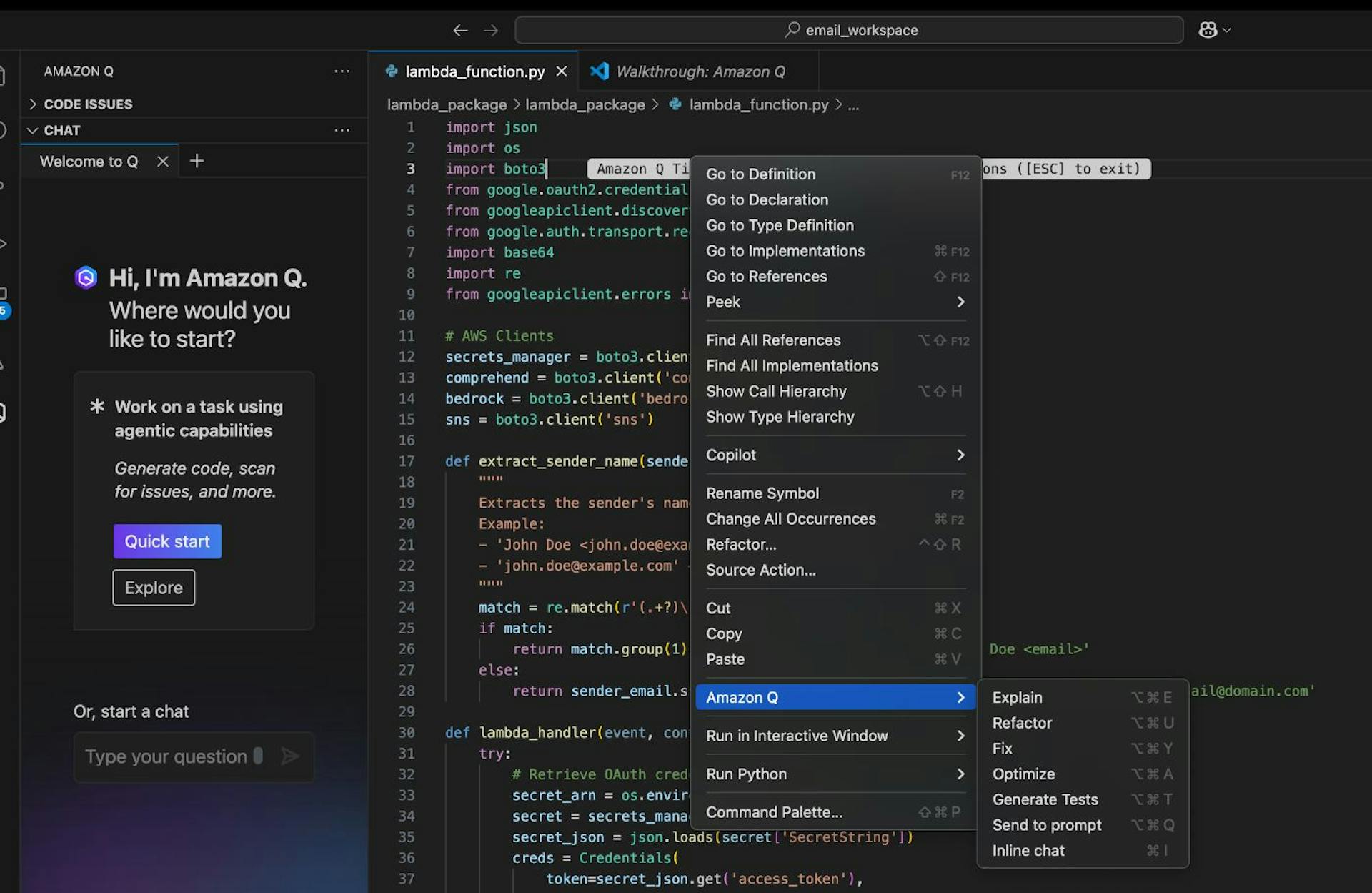 نمایشی از ویژگی های Amazon Q Developer