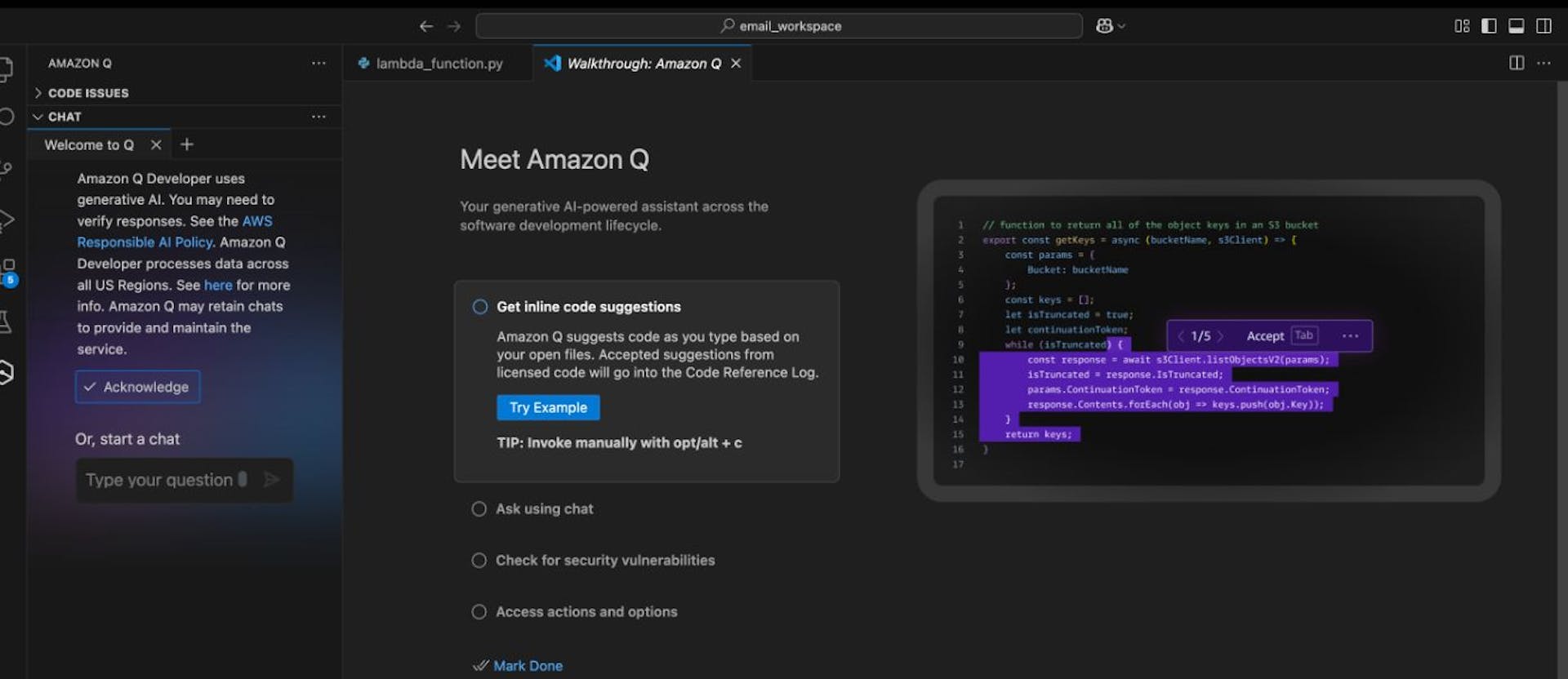 AmazonQ احراز هویت شده در VS code