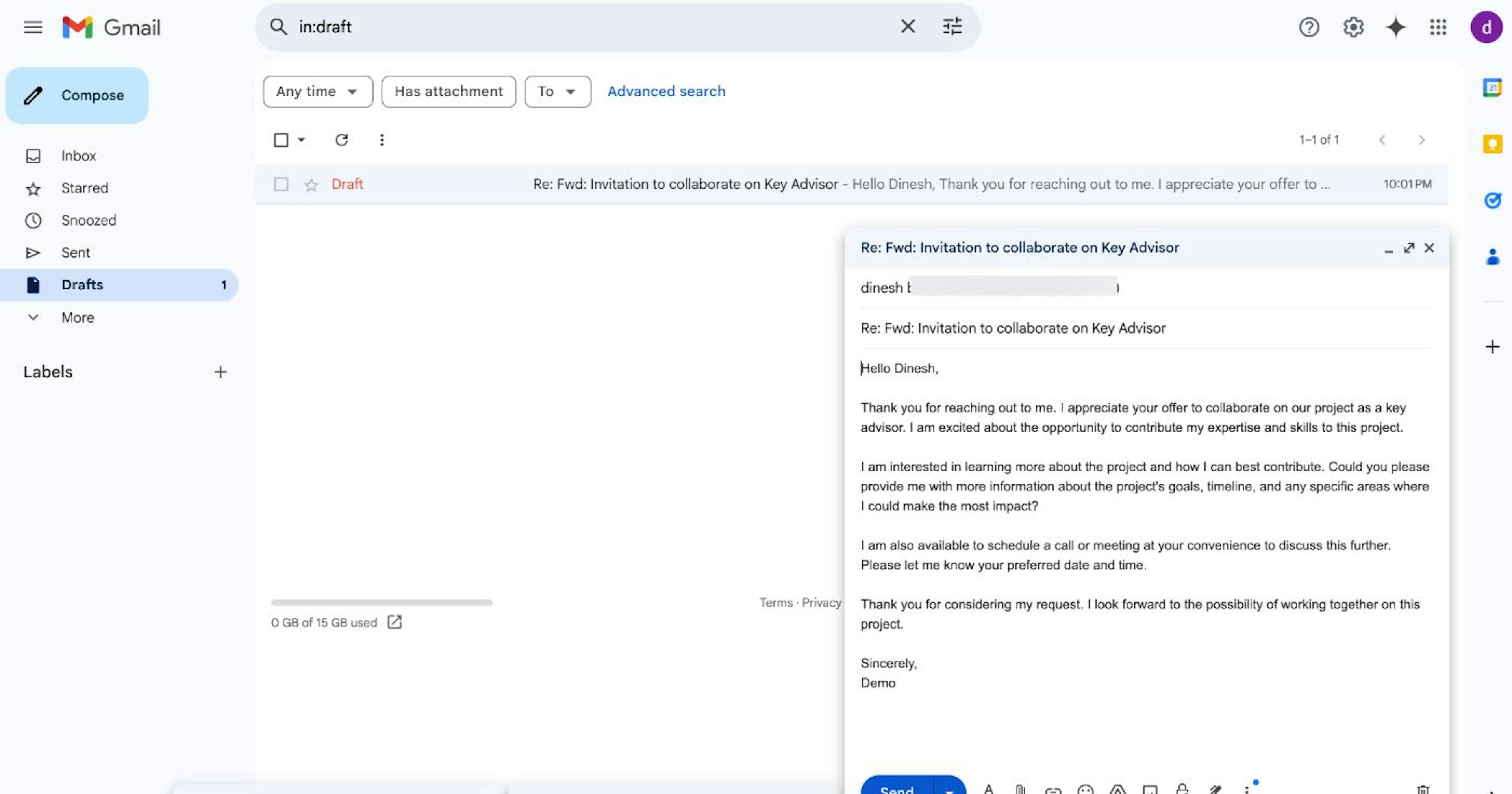 AI generated drafted email
