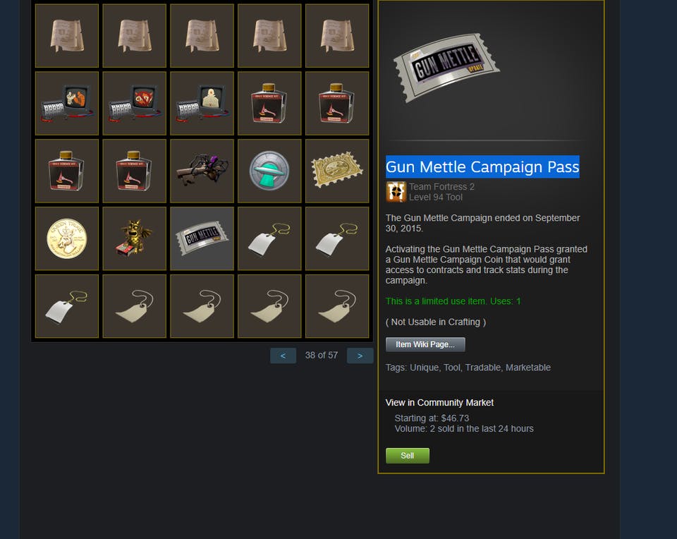 The Team Fortress 2 "Gun Mettle Campaign Pass" sitting in a Steam user's inventory.