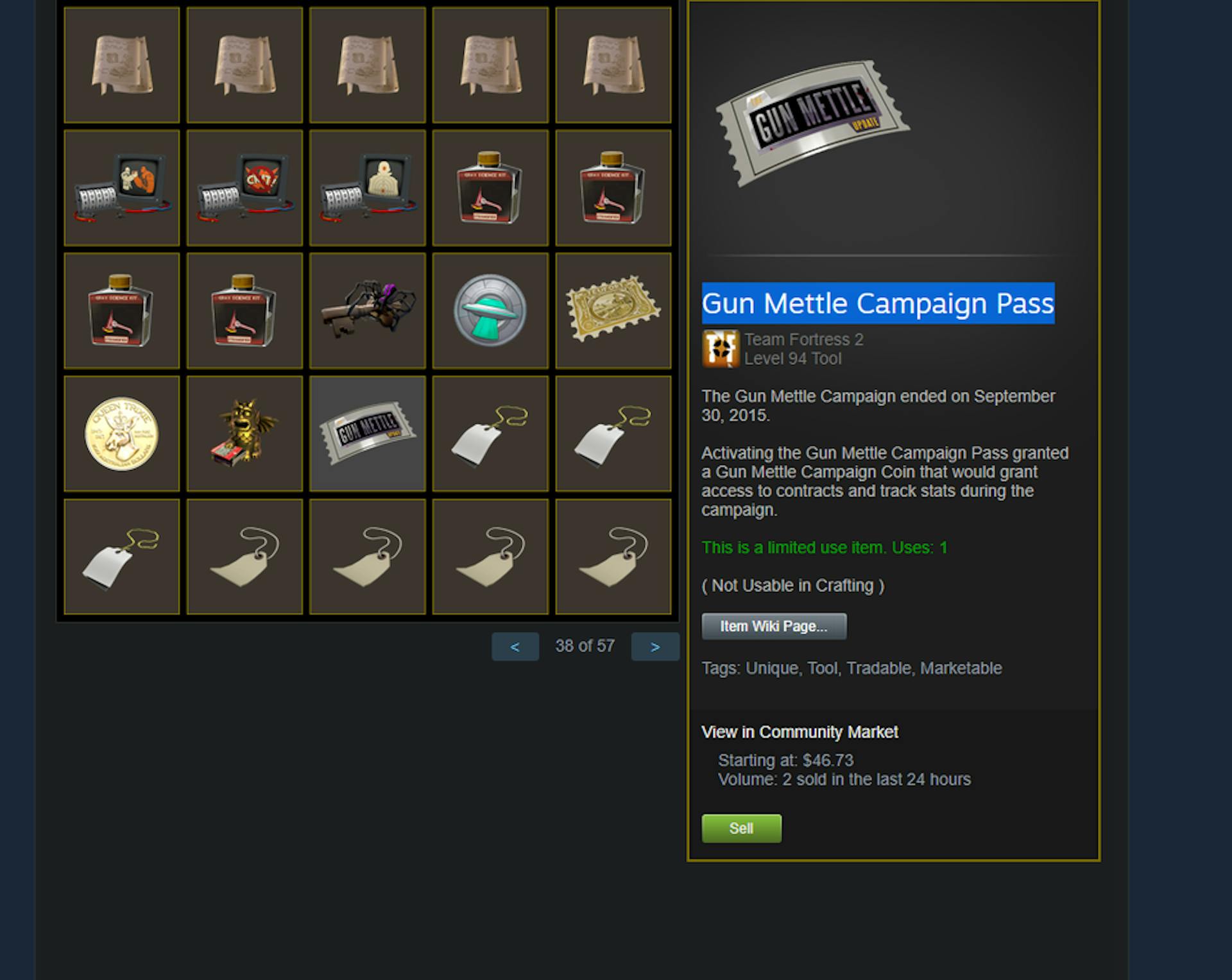 Team Fortress 2 "Gun Mettle Campaign Pass" nằm trong kho của người dùng Steam.