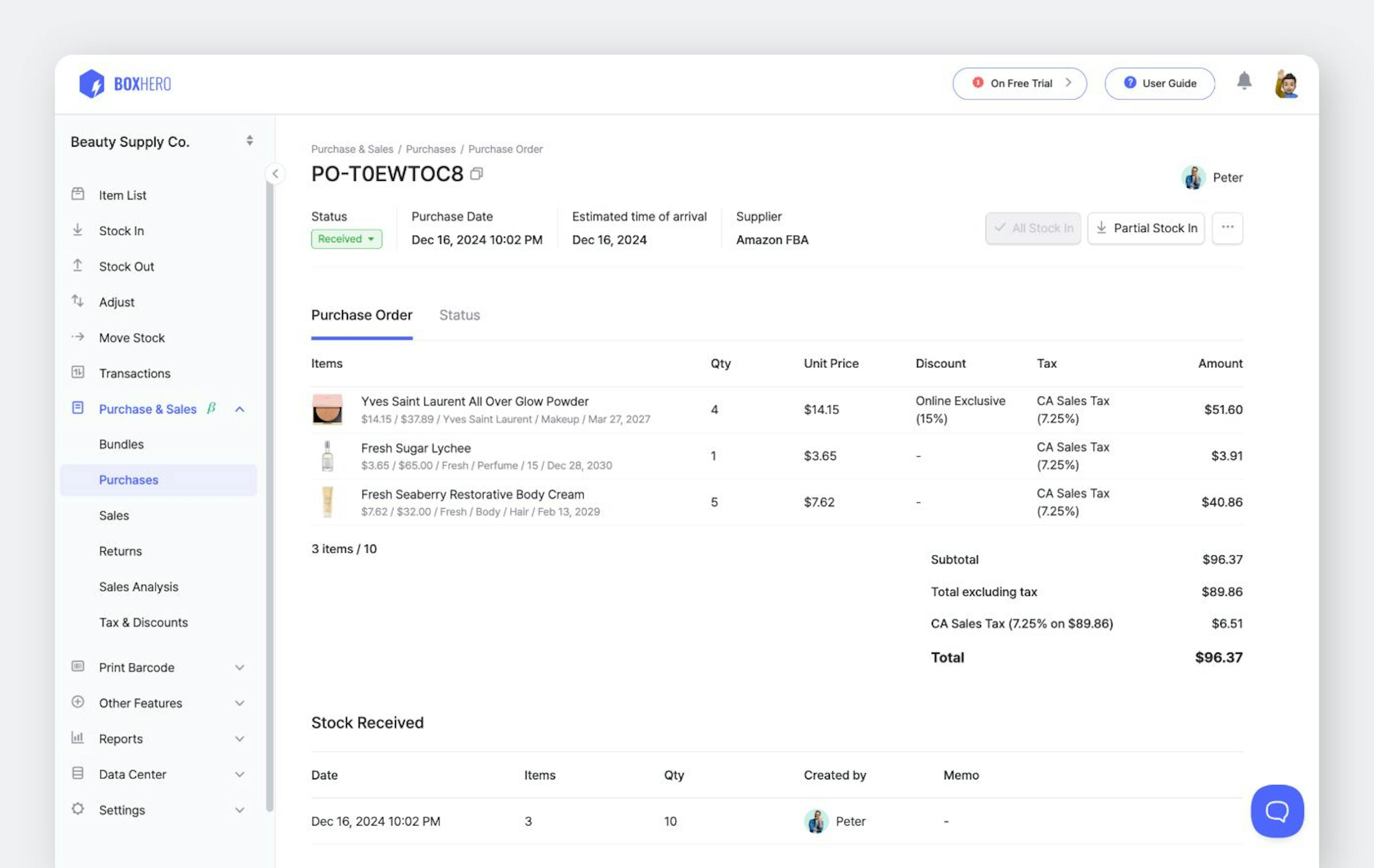 Creating a Purchase Order (P.O.) through BoxHero's Purchase & Sales feature