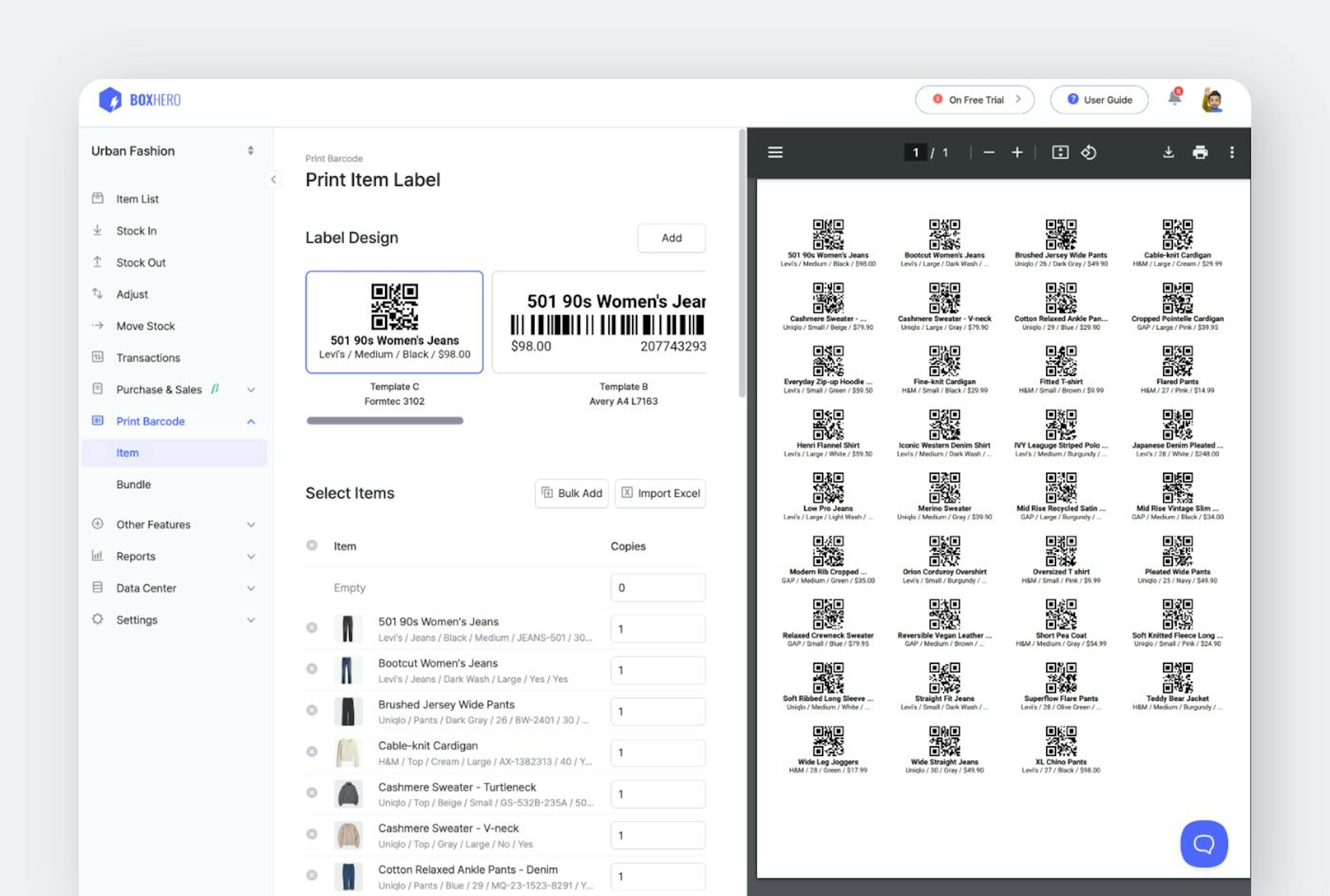 You can create and print barcodes to track inventory with BoxHero’s Barcode feature.