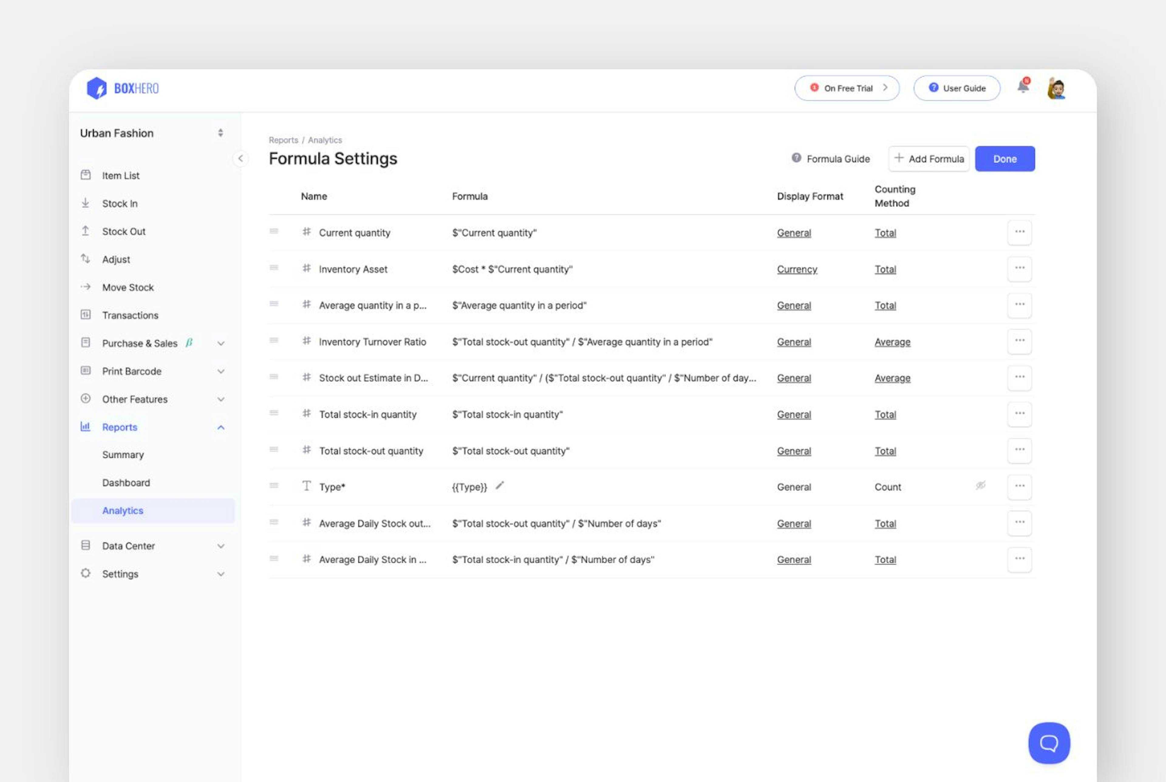 With BoxHero’s Analytics feature, you can set personalized calculations to track the key metrics that matter to you. You can choose from predefined formulas or set up your own.