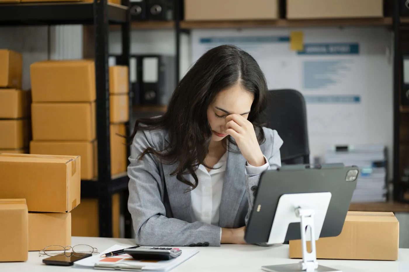 A frustrated warehouse manager dealing with errors in processing orders