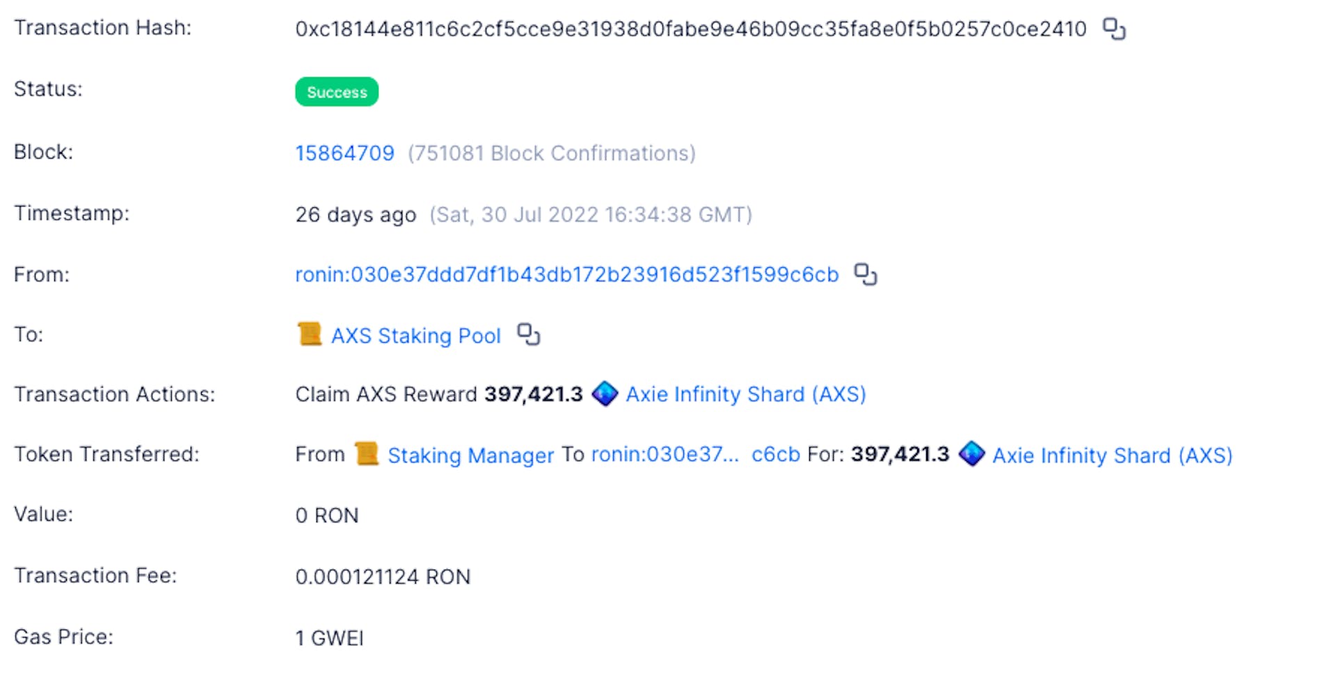 This transaction from July 30th appears to show Whale AX claiming 397,421.3 AXS rewards, today worth approximately $5,846,067.32.