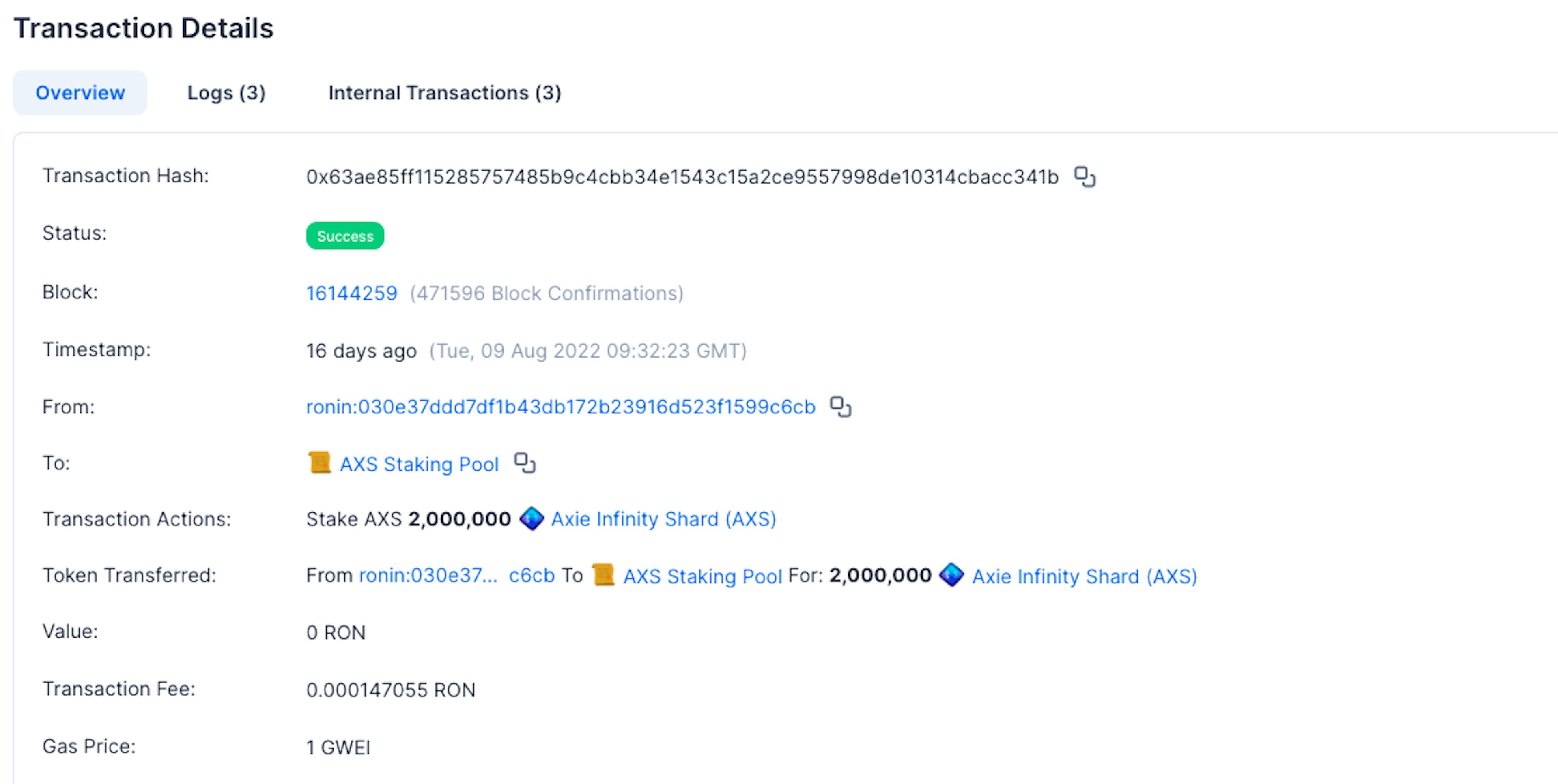 This transaction from August 9th, 2022 appears to show Whale AX staking two million AXS. As of writing worth approximately $29,420,000.00.