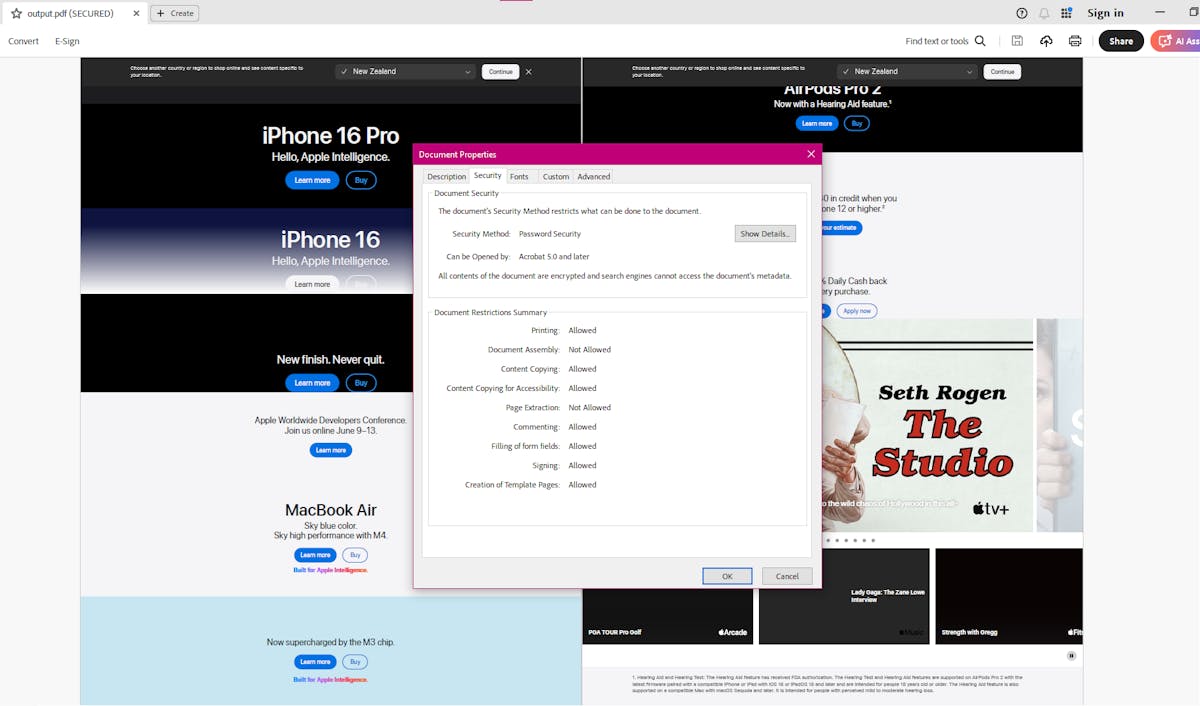 Secured PDF rendered from a web page