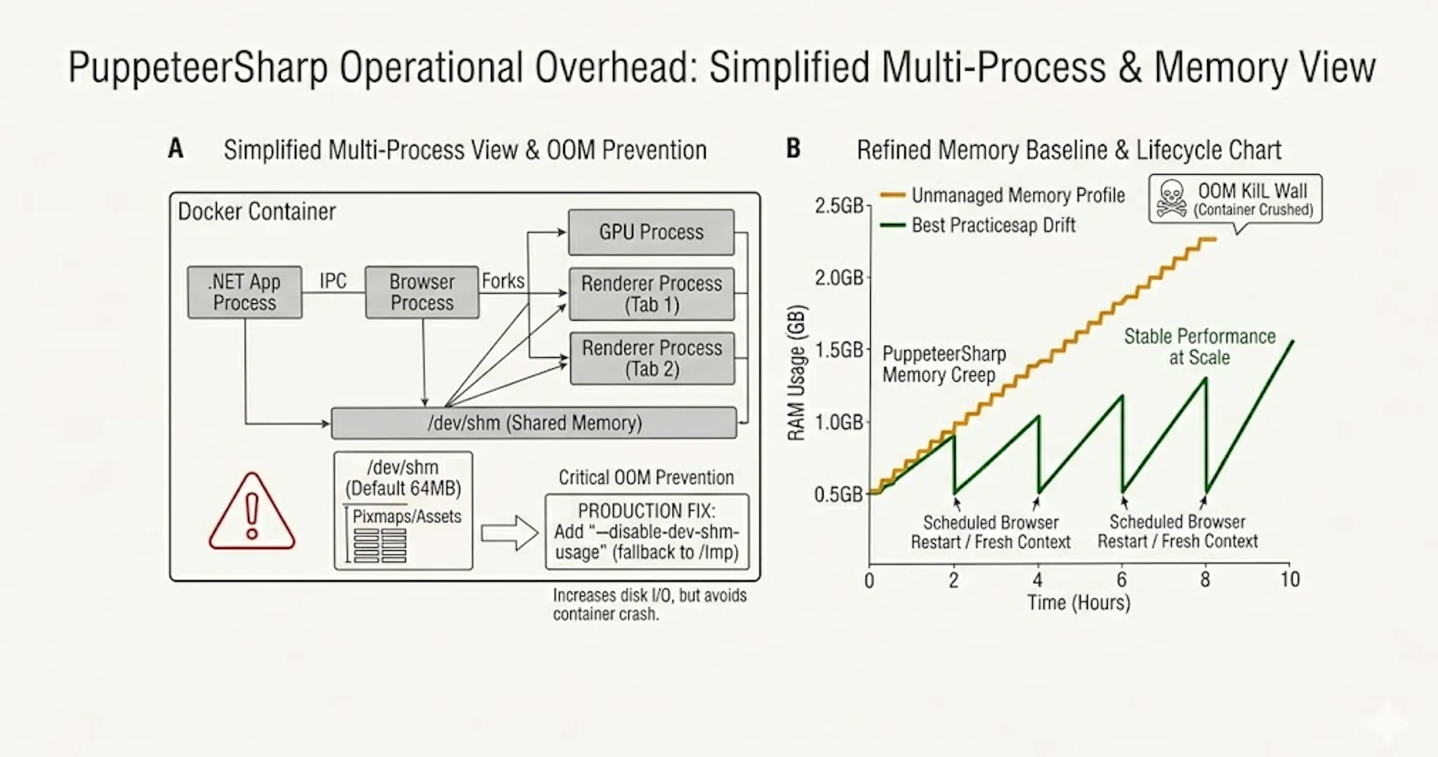 Side-by-side comparison of headless Chromium's multi-process isolation architecture inside Docker (left) and the resulting RAM baseline drift under heavy rendering loads (right).