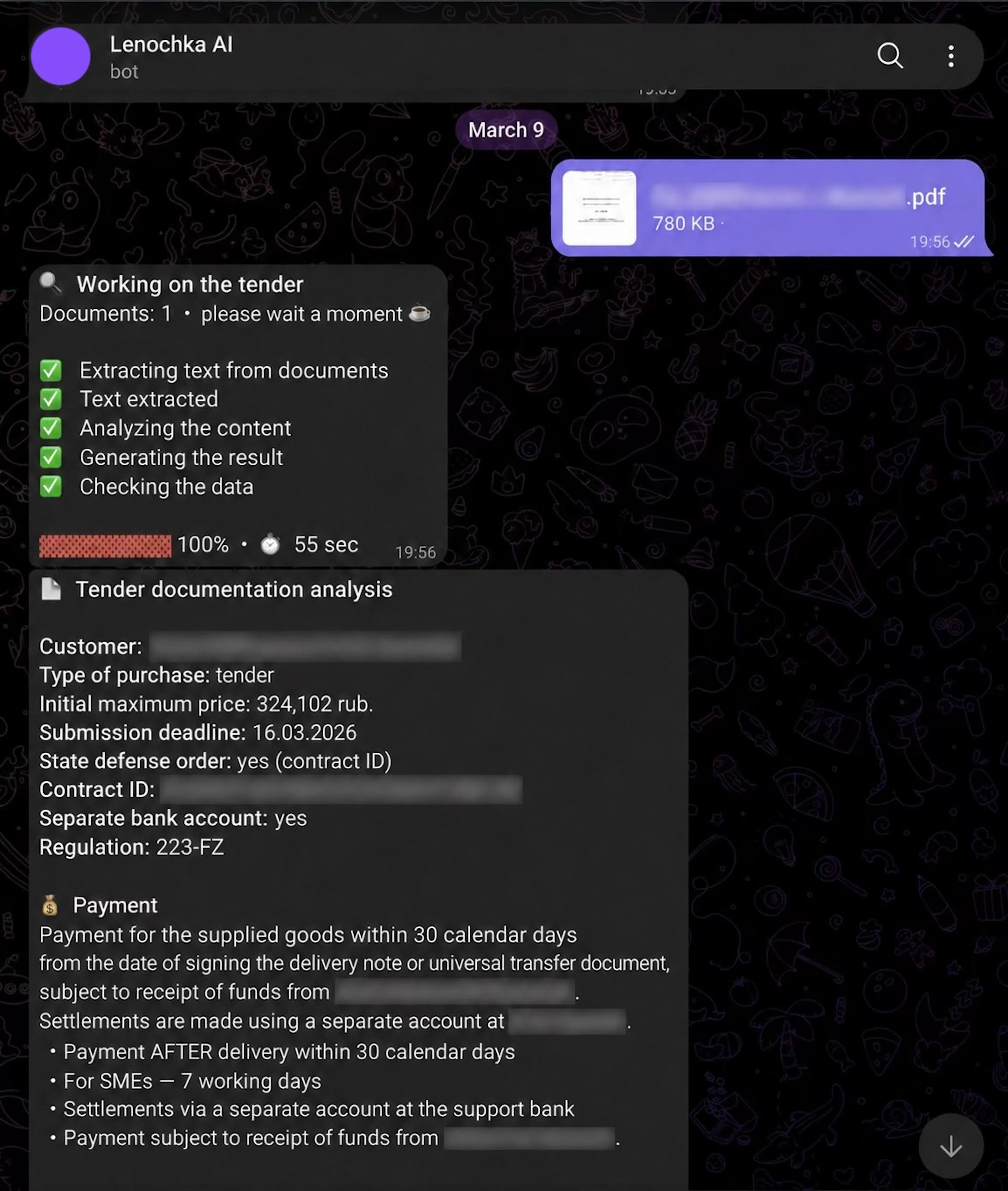 First iteration — tender analysis in Telegram. English-localized screenshot; identifying details obscured.