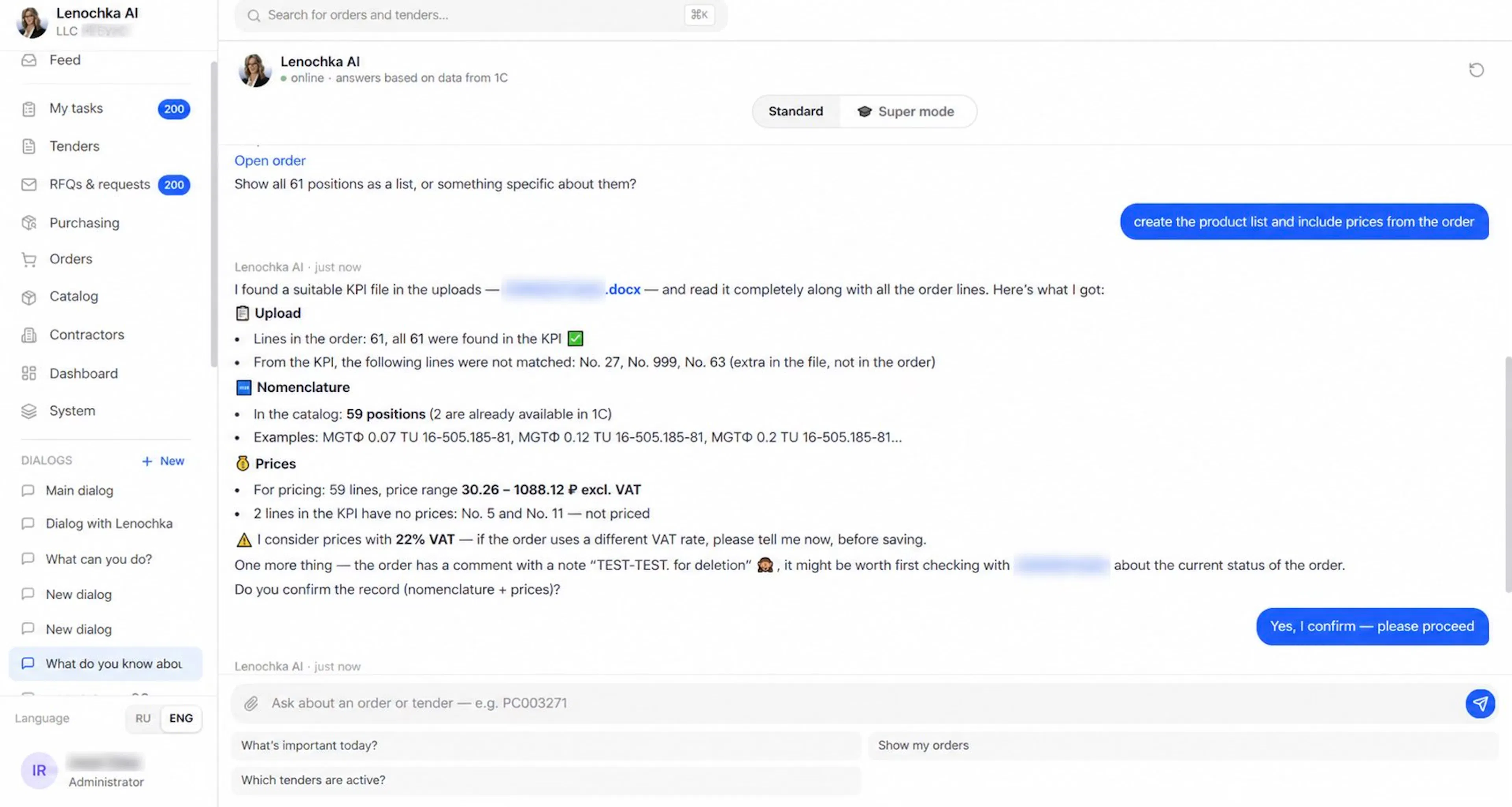 Second iteration — the web platform and agent chat. English-localized screenshot; identifying details obscured.