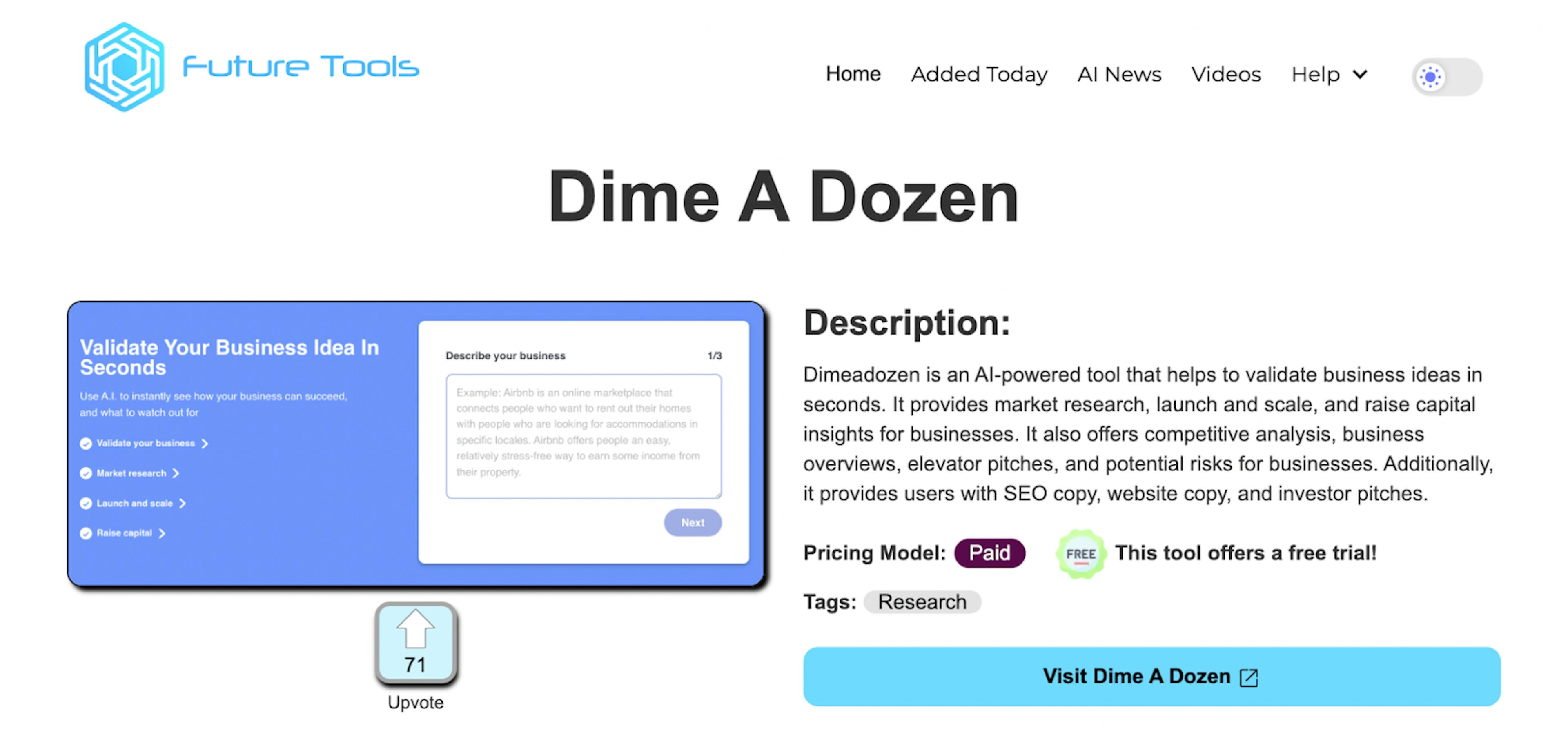 Dime A Dozen page at Future Tools website