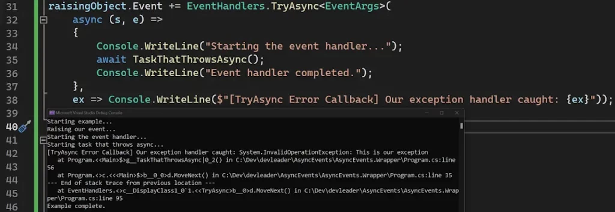 Ausgabe eines Beispielprogramms für asynchrone EventHandler