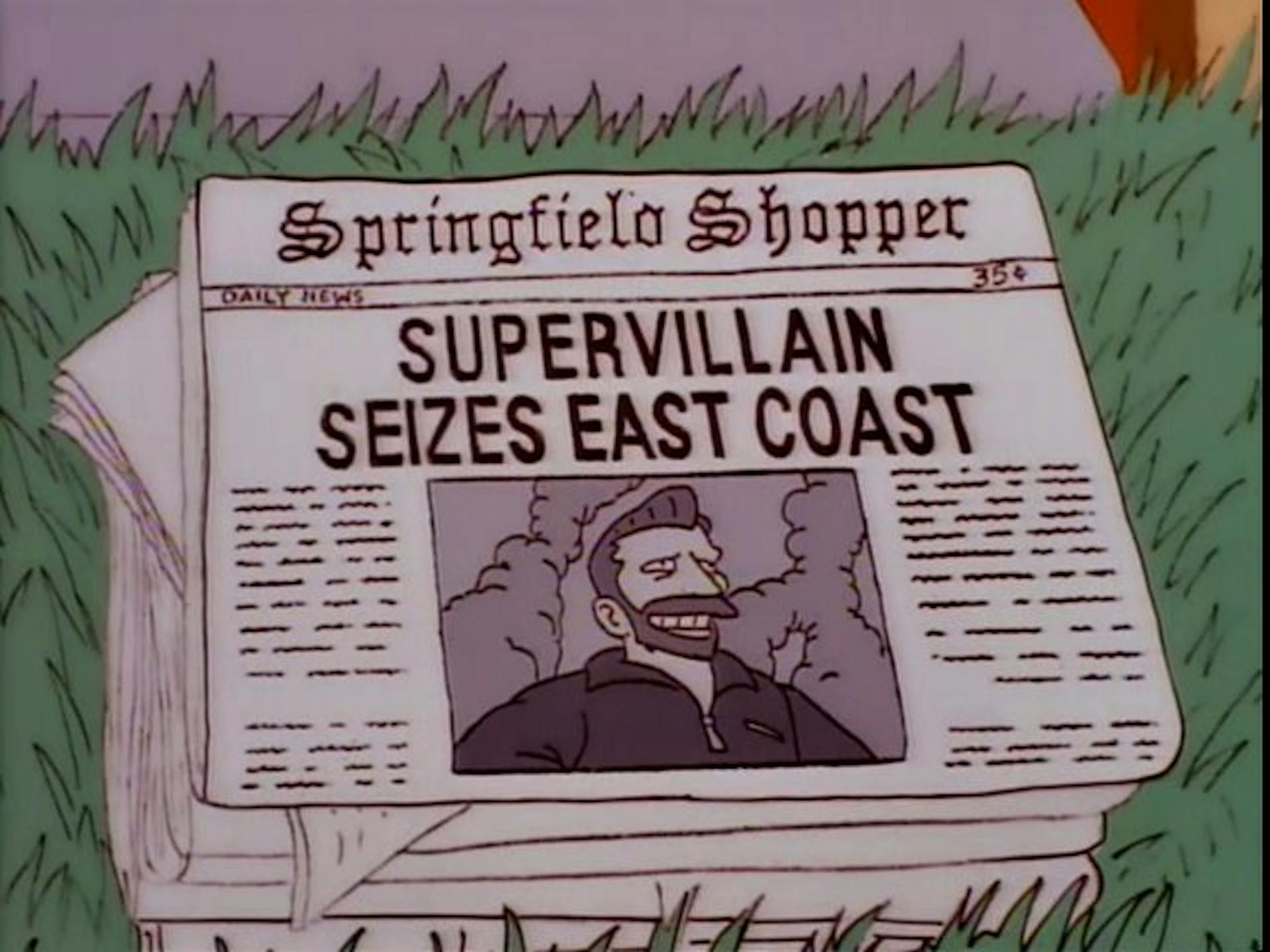 The front page of a newspaper with the headline "Supervillain seizes East Coast."