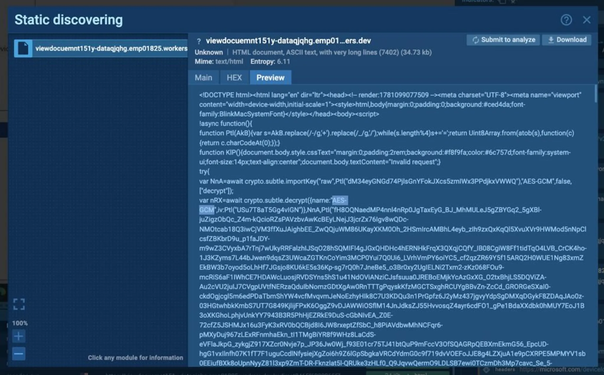 EvilTokens HTTP response body containing the AES-GCM-encrypted landing page