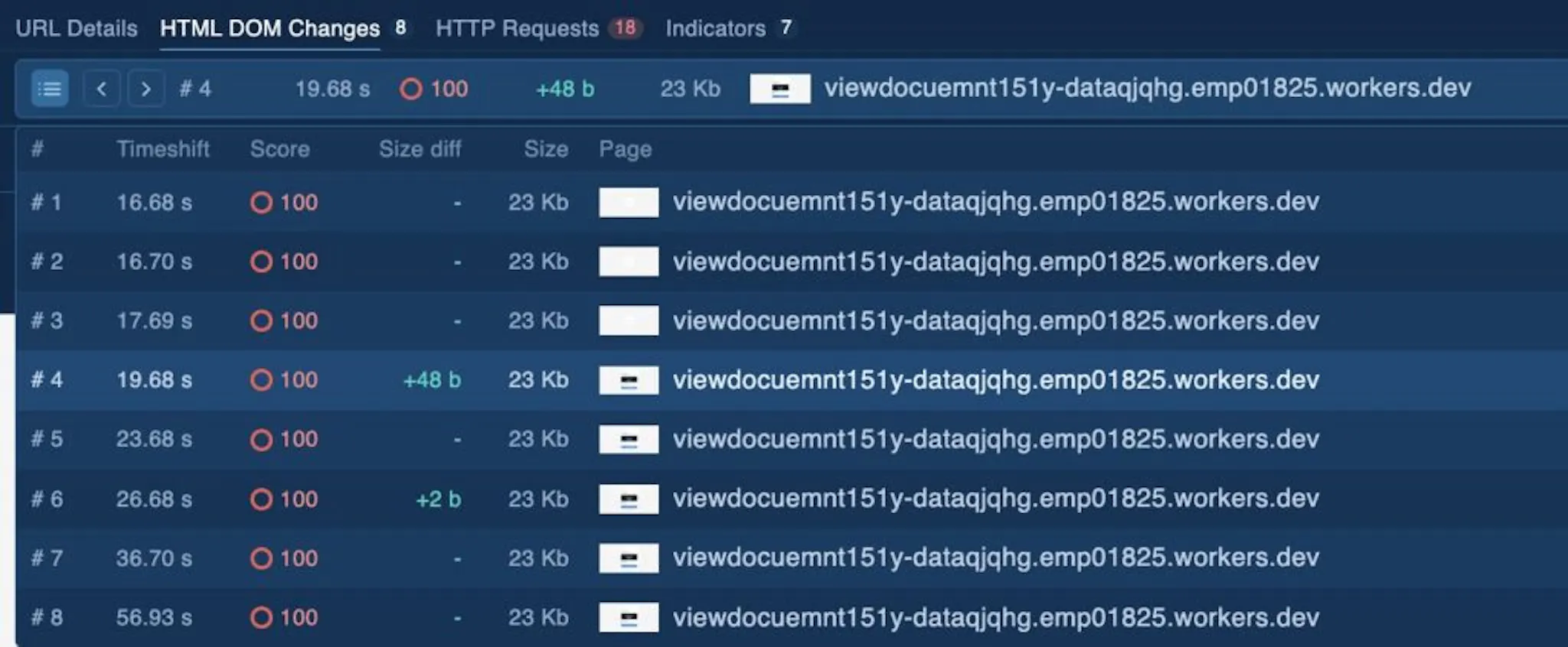 DOM snapshots displayed with decrypted code 