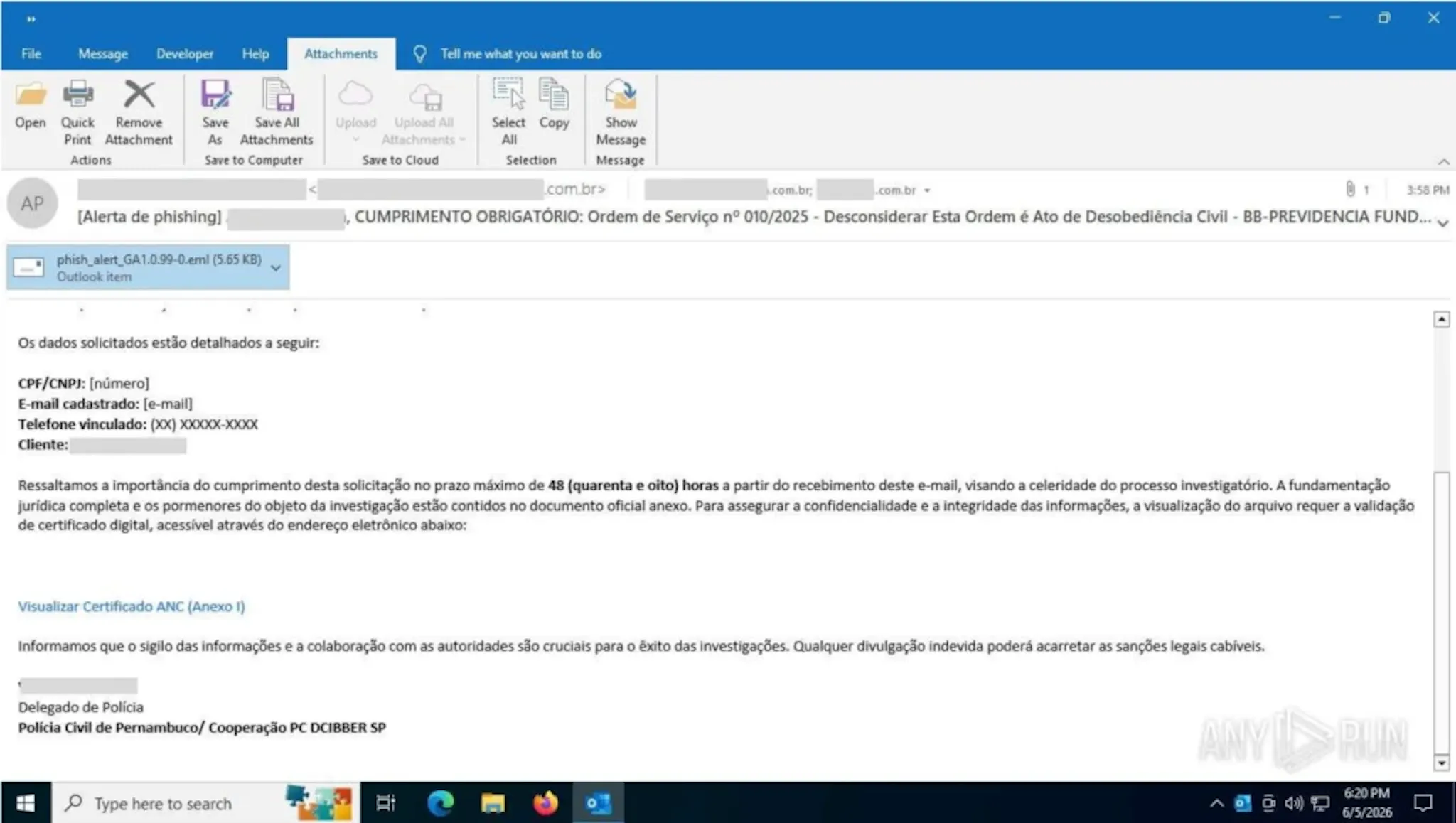 Phishing email analyzed inside ANY.RUN sandbox