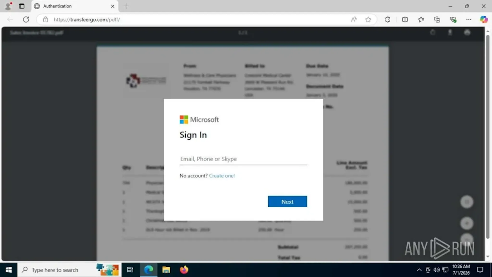 Fake Microsoft Sign In window