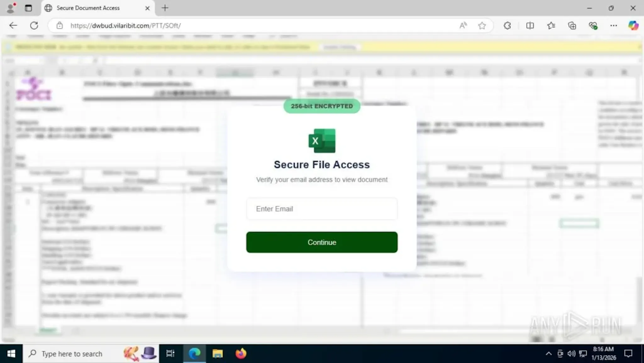 “Secure File Access” page displayed inside ANY.RUN sandbox