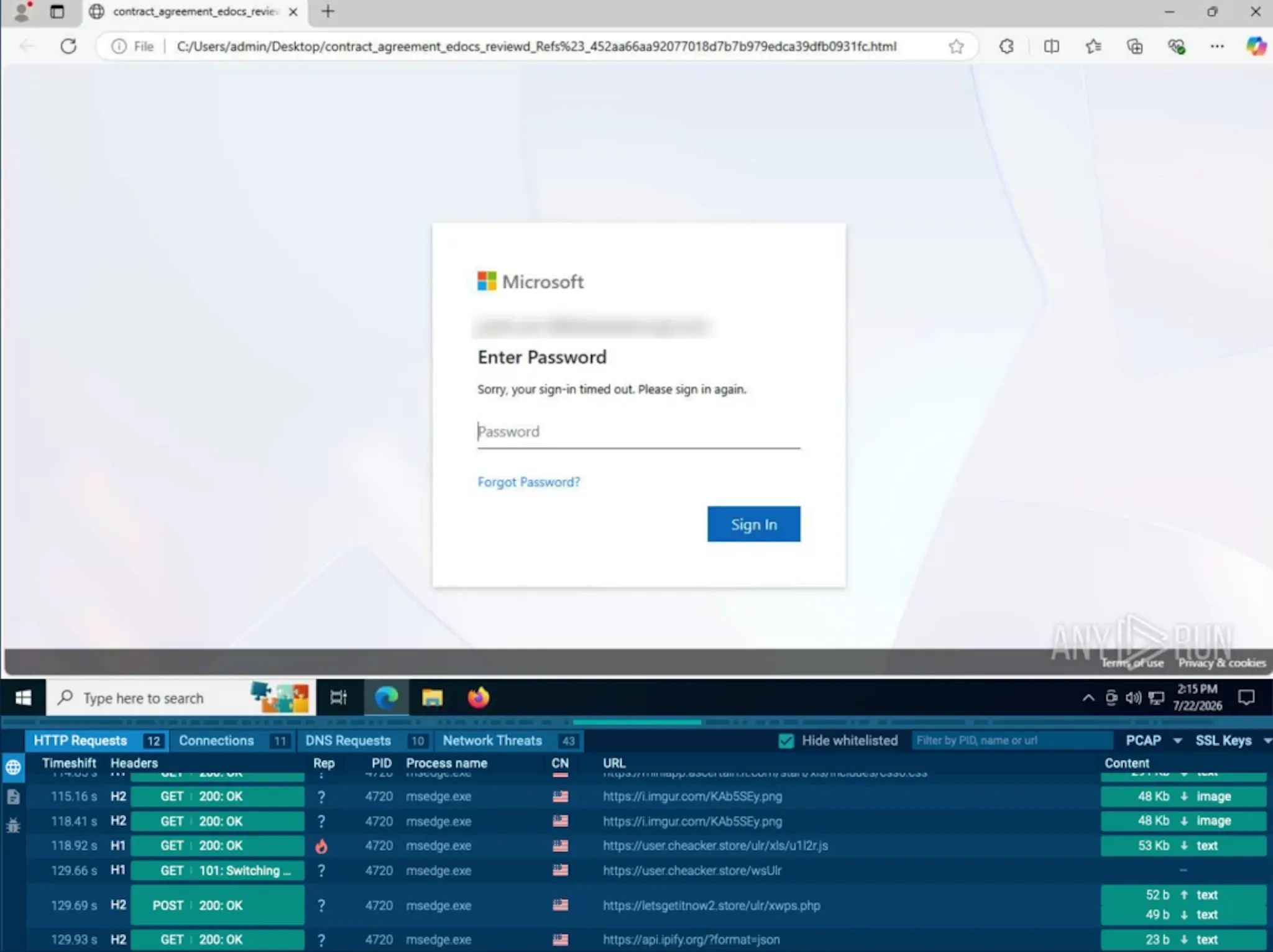 Victims entering their usernames and passwords on a fake Microsoft login page