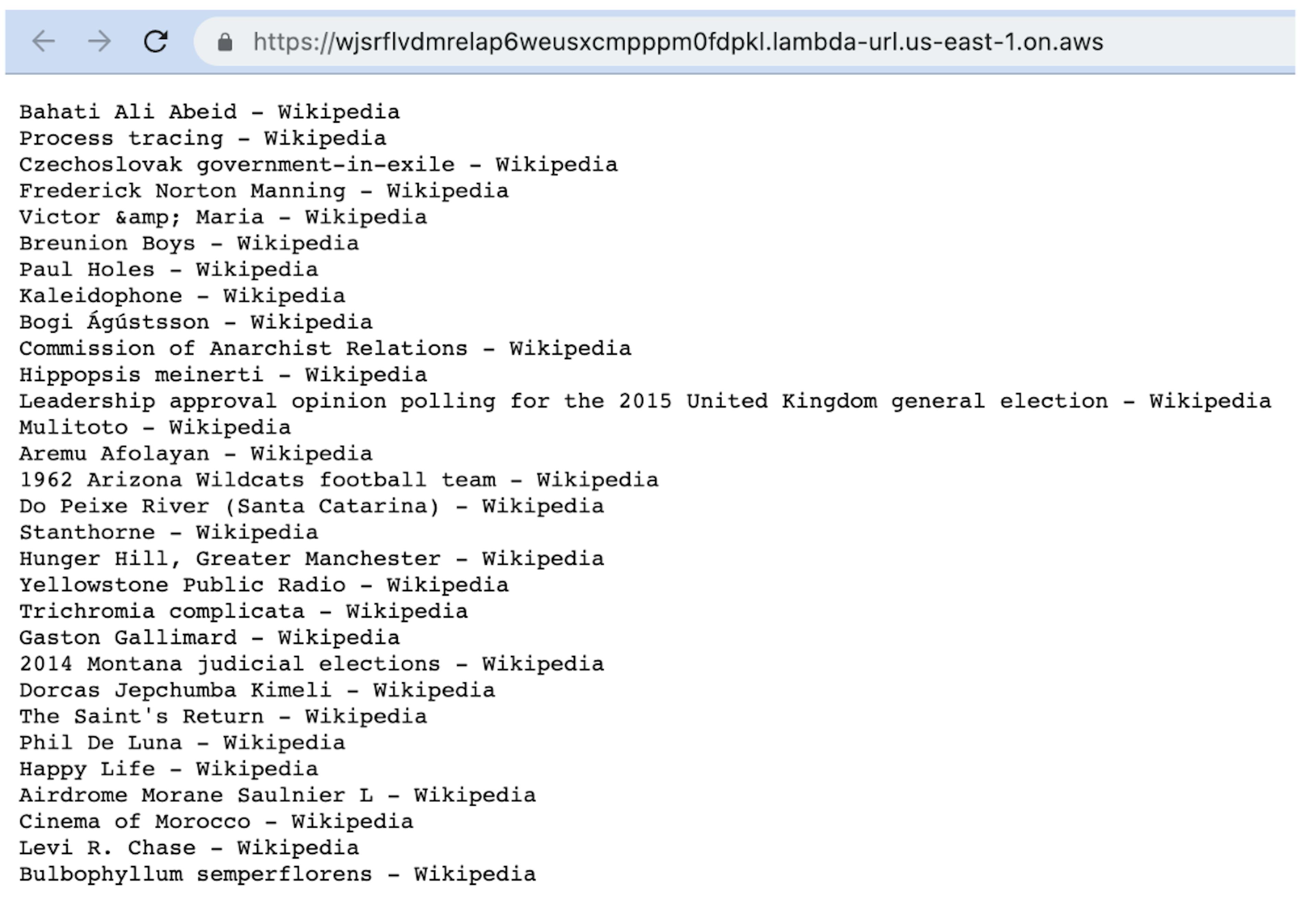 Output of a Lambda Function that aggregates random wikipedia page titles