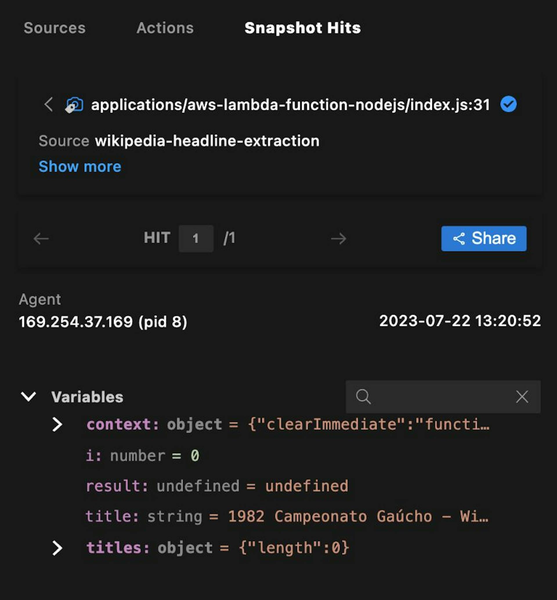 Snapshot hit shown from the Lightrun IDE Plugin for VSCode