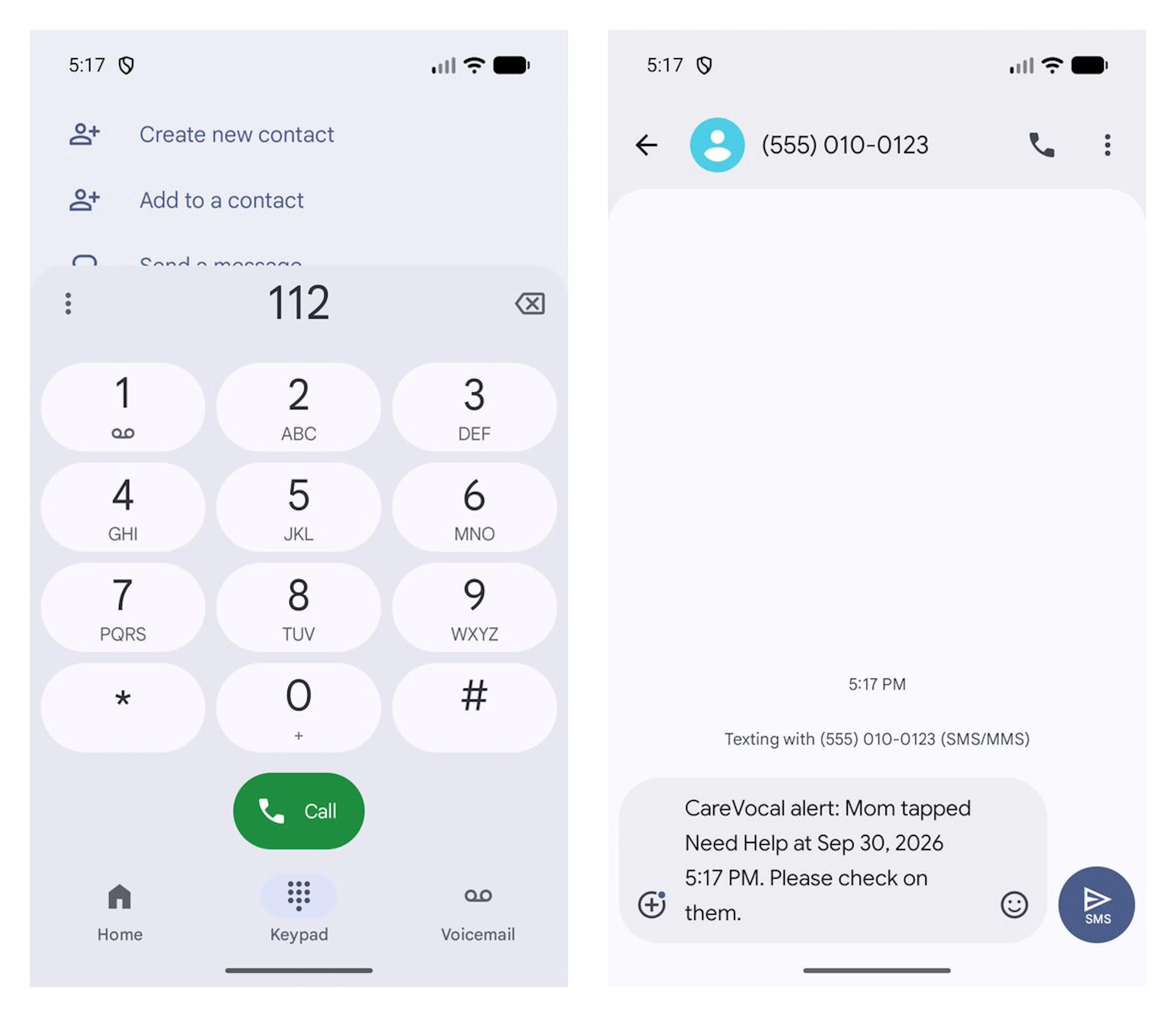 What one tap on Need Help prepares: the emergency dialer with 112 pre-filled (left) and a pre-written SMS to a trusted contact (right). Nothing is sent or dialed until a person taps. (Demo name and fake number.)