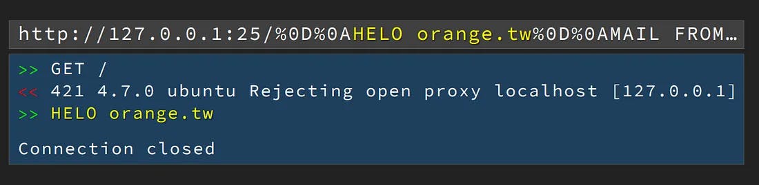Figure 3: Smuggling SMTP protocol over HTTP protocol (credit: Orange Tsai, Black Hat 2017)