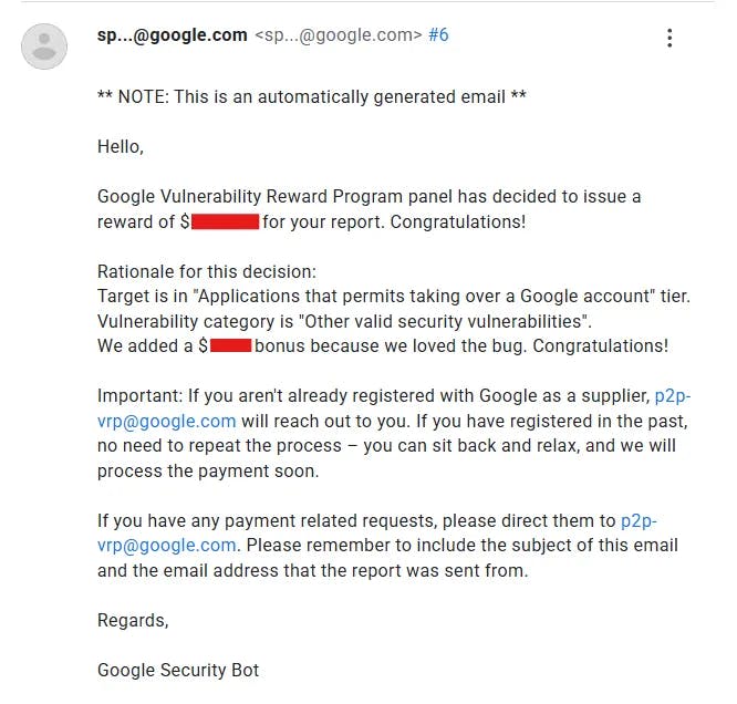 Figure 12: Google acknowledging the vulnerability