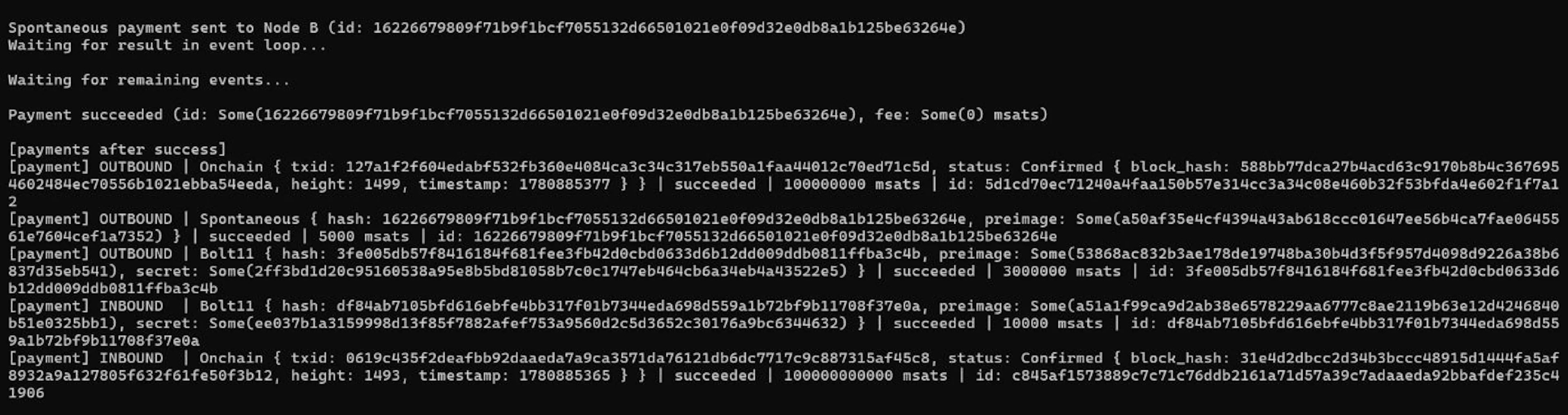 Terminal showing final payment list with INBOUND bolt11, OUTBOUND bolt11, OUTBOUND spontaneous, all succeeded. The outbound onchain entries are the channel funding transactions. The inbound onchain payment is the funds sent from Polar to Node A's wallet. The inbound BOLT11 is the invoice Node B paid.