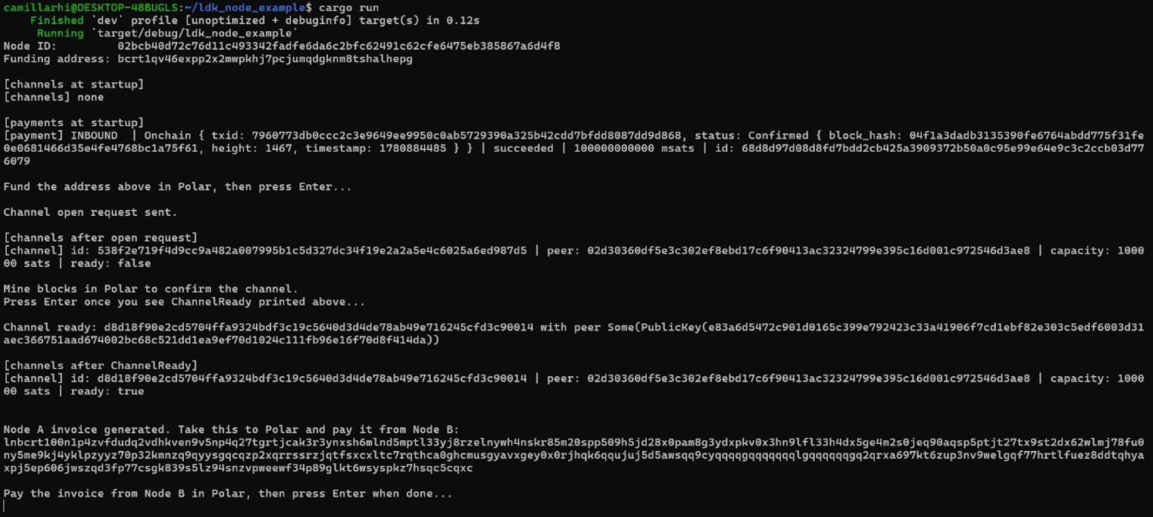 Terminal showing PaymentReceived event and payment list with INBOUND BOLT11 succeeded